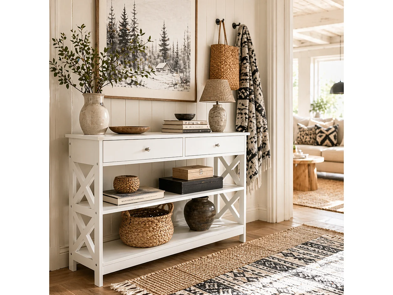 Ralupa 100cm White MDF Console Table X Frame Drawers and Open Shelves
