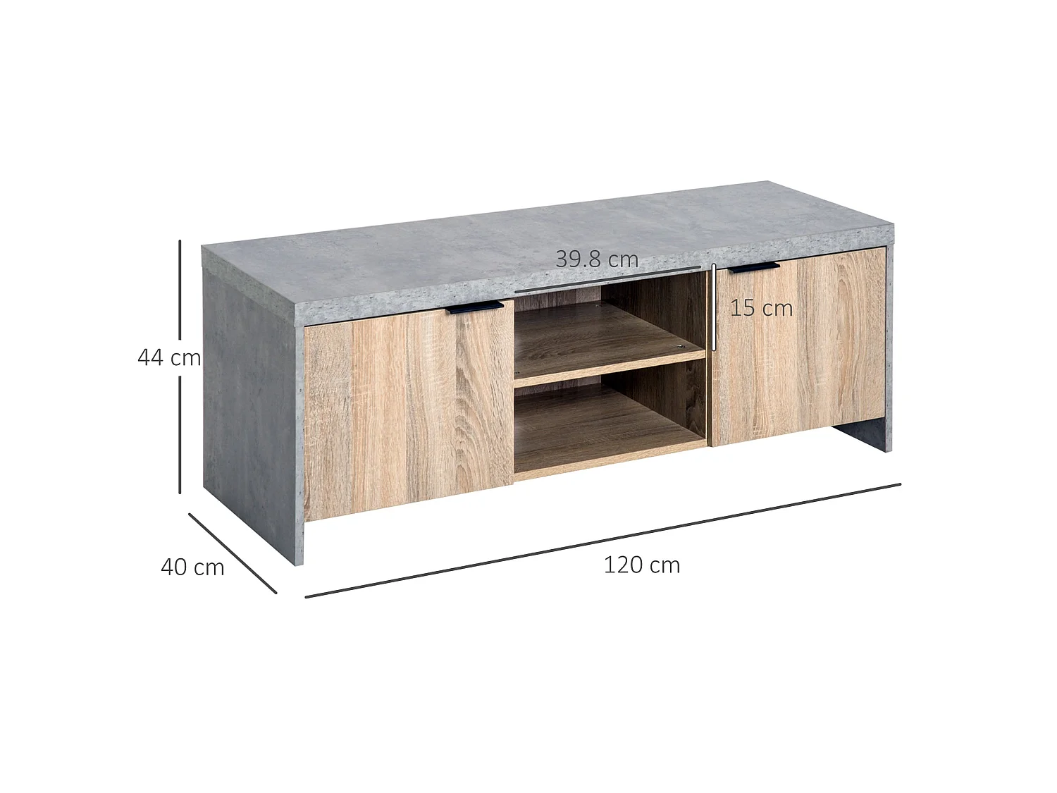 Hatata Rael 120cm Grey and Wood Grain TV Cabinet with 2 Doors and Open Shelving