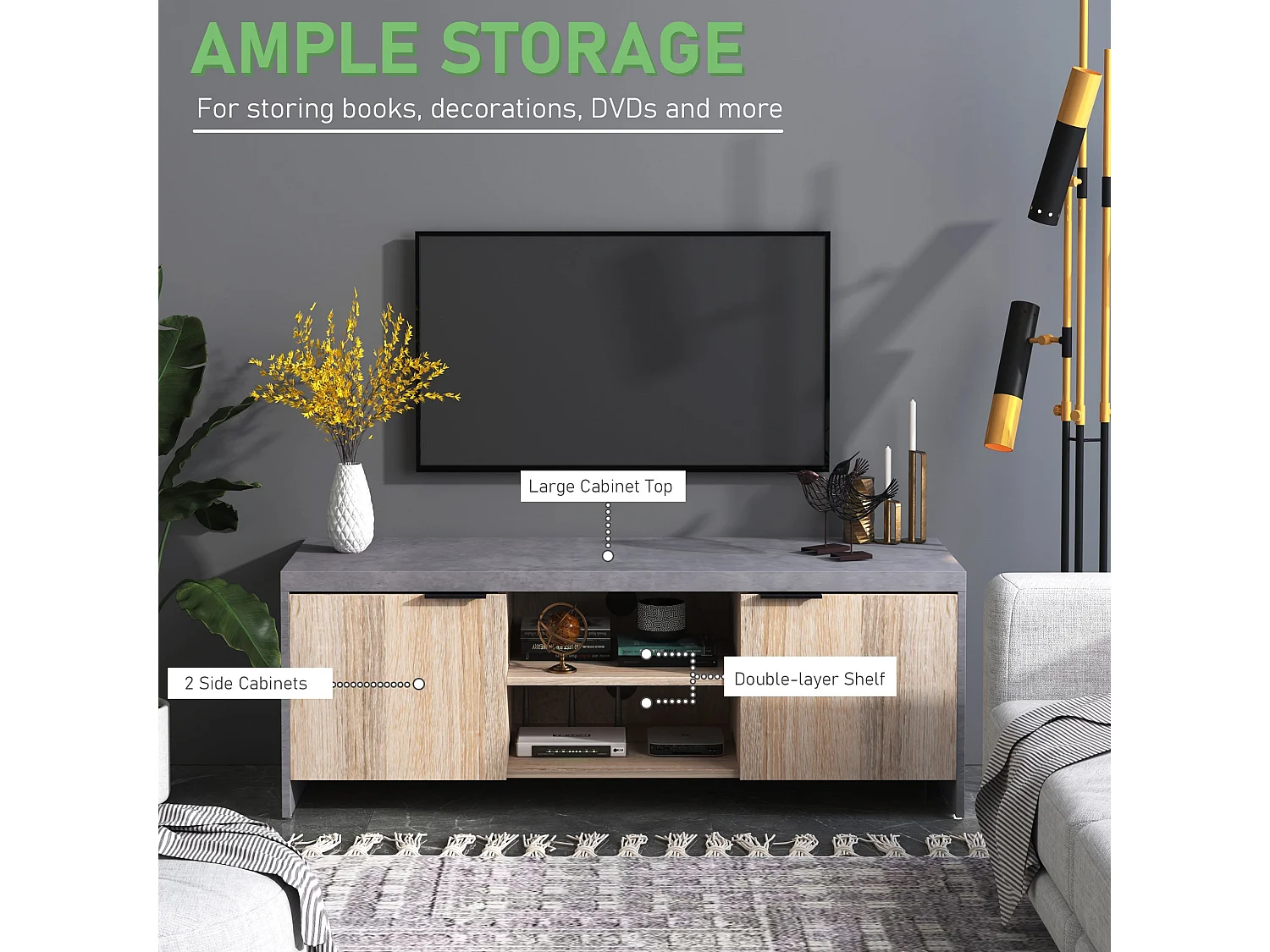 Hatata Rael 120cm Grey and Wood Grain TV Cabinet with 2 Doors and Open Shelving