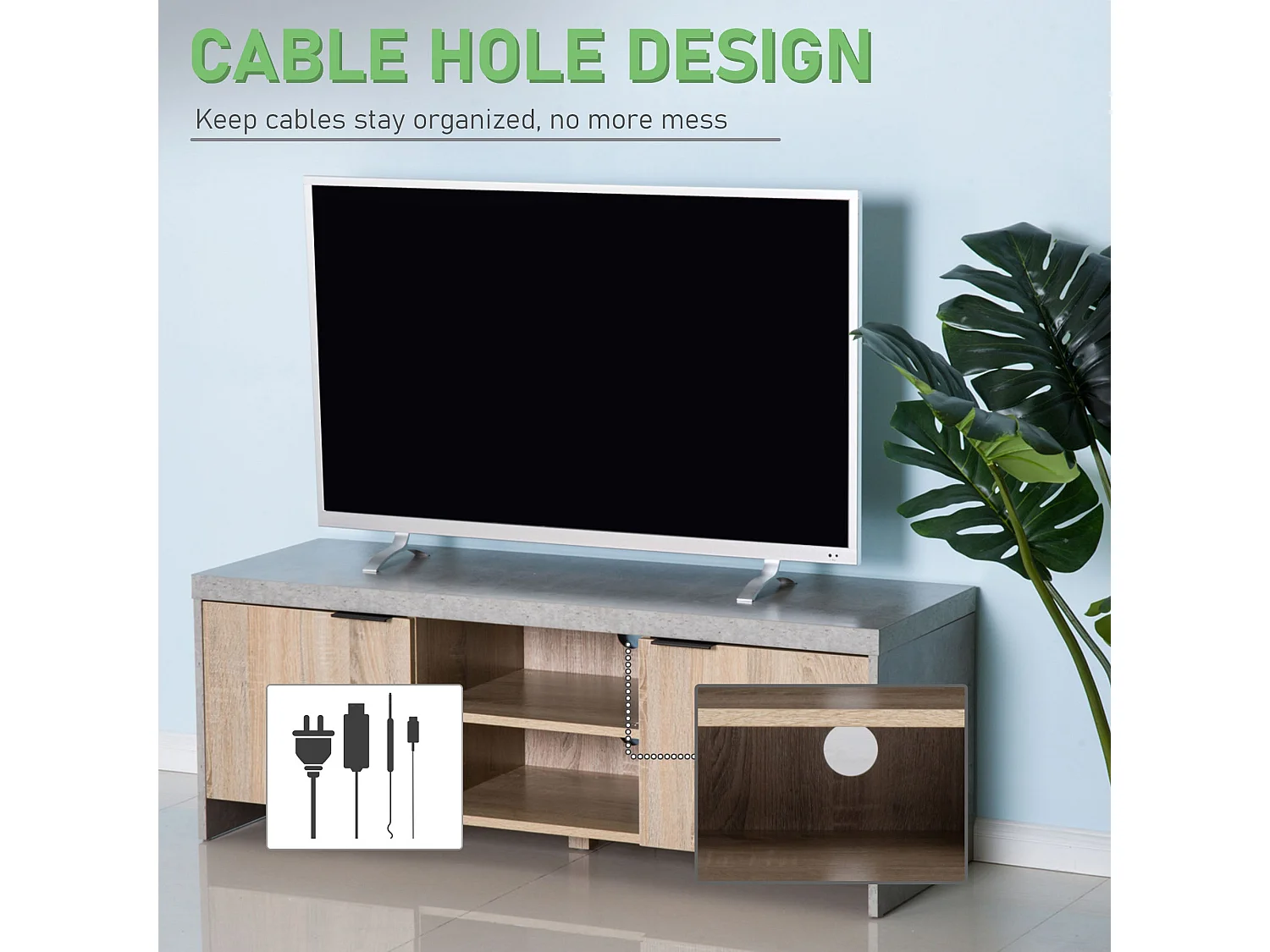Hatata Rael 120cm Grey and Wood Grain TV Cabinet with 2 Doors and Open Shelving