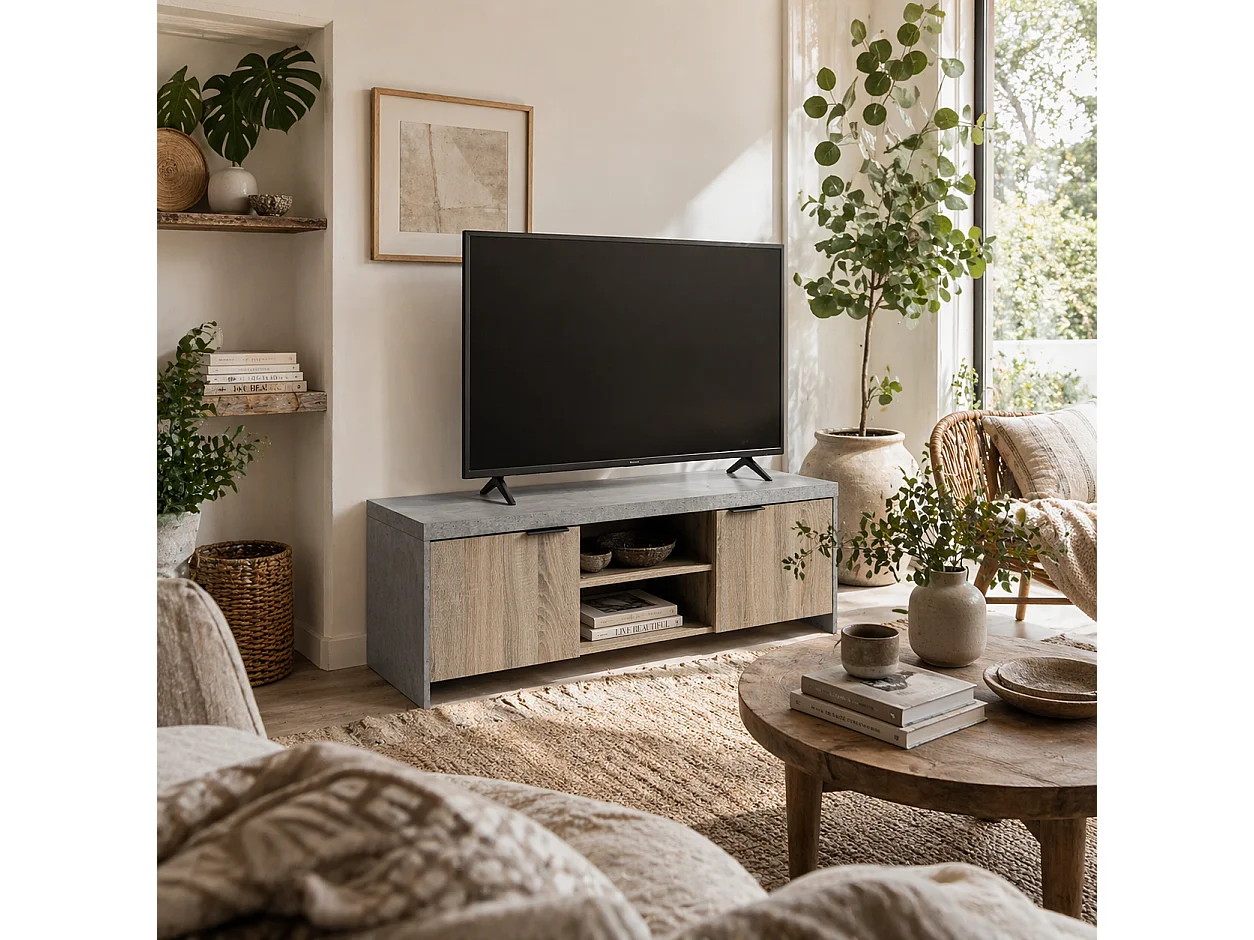 Hatata Rael 120cm Grey and Wood Grain TV Cabinet with 2 Doors and Open Shelving