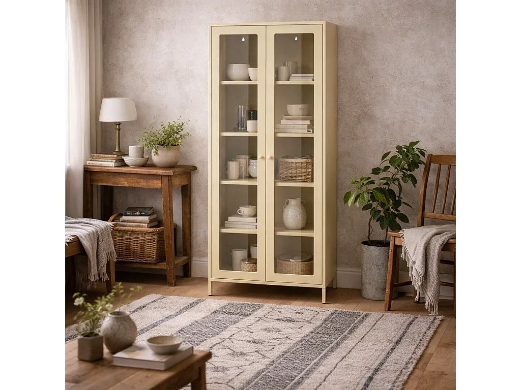 Barla Beige Cream Steel Display Cabinet 2 Glass Doors