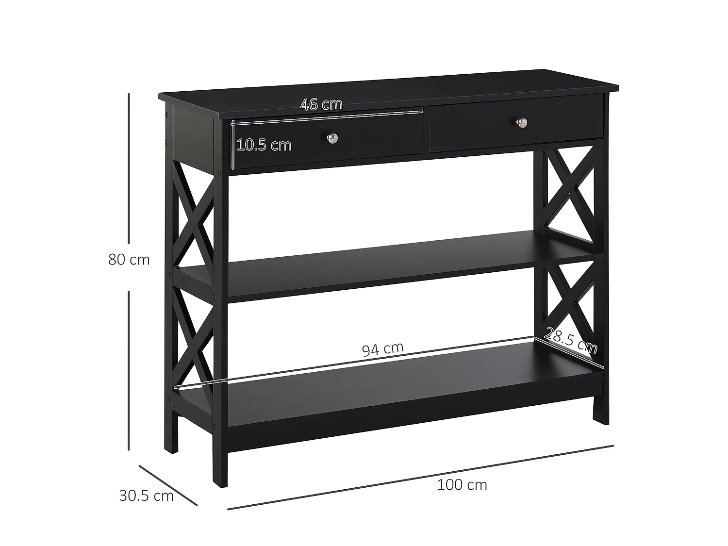 Kafa 100cm Black MDF Console Table with X Frame 2 Drawers and 2 Shelves
