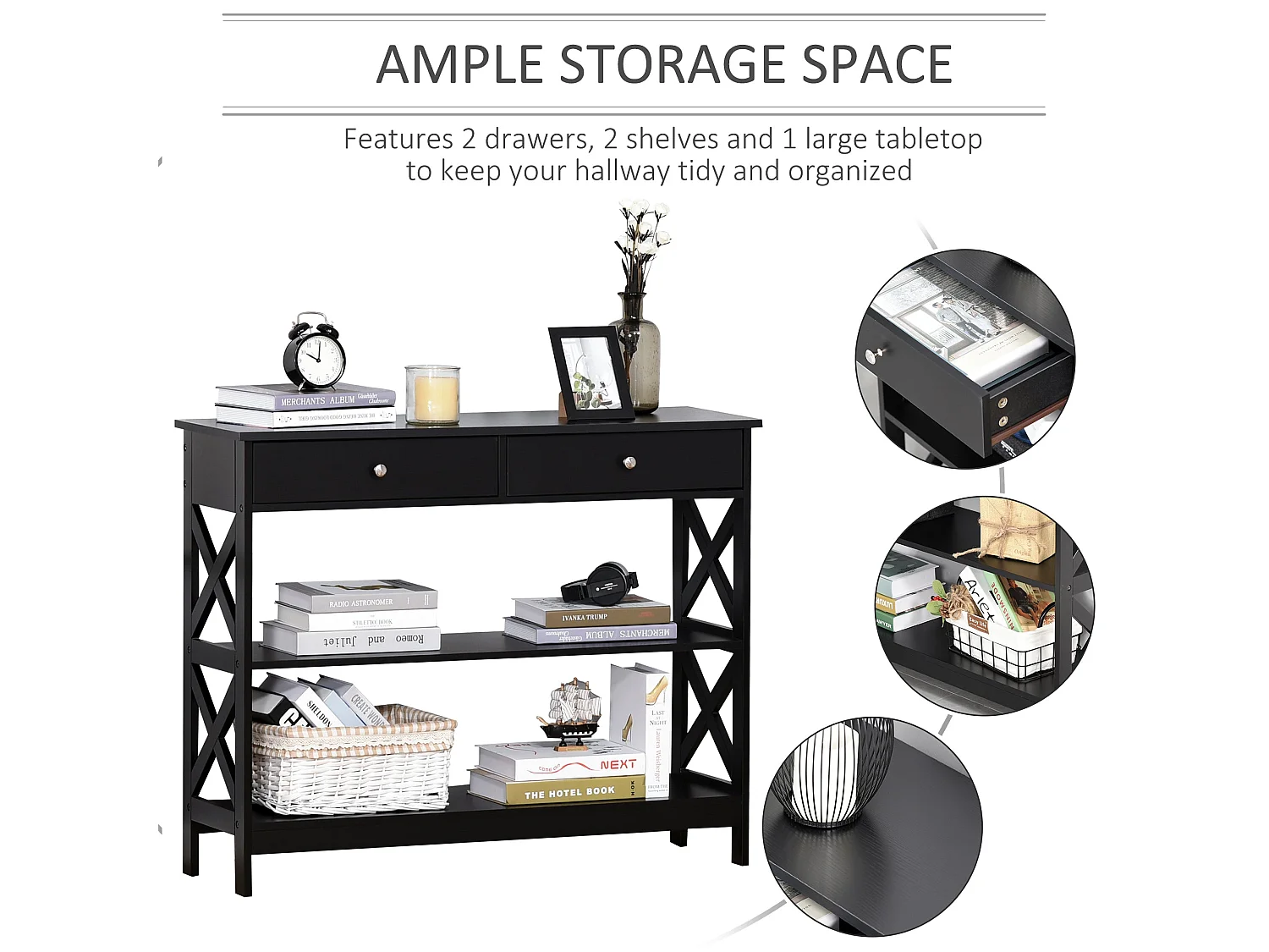 Kafa 100cm Black MDF Console Table with X Frame 2 Drawers and 2 Shelves