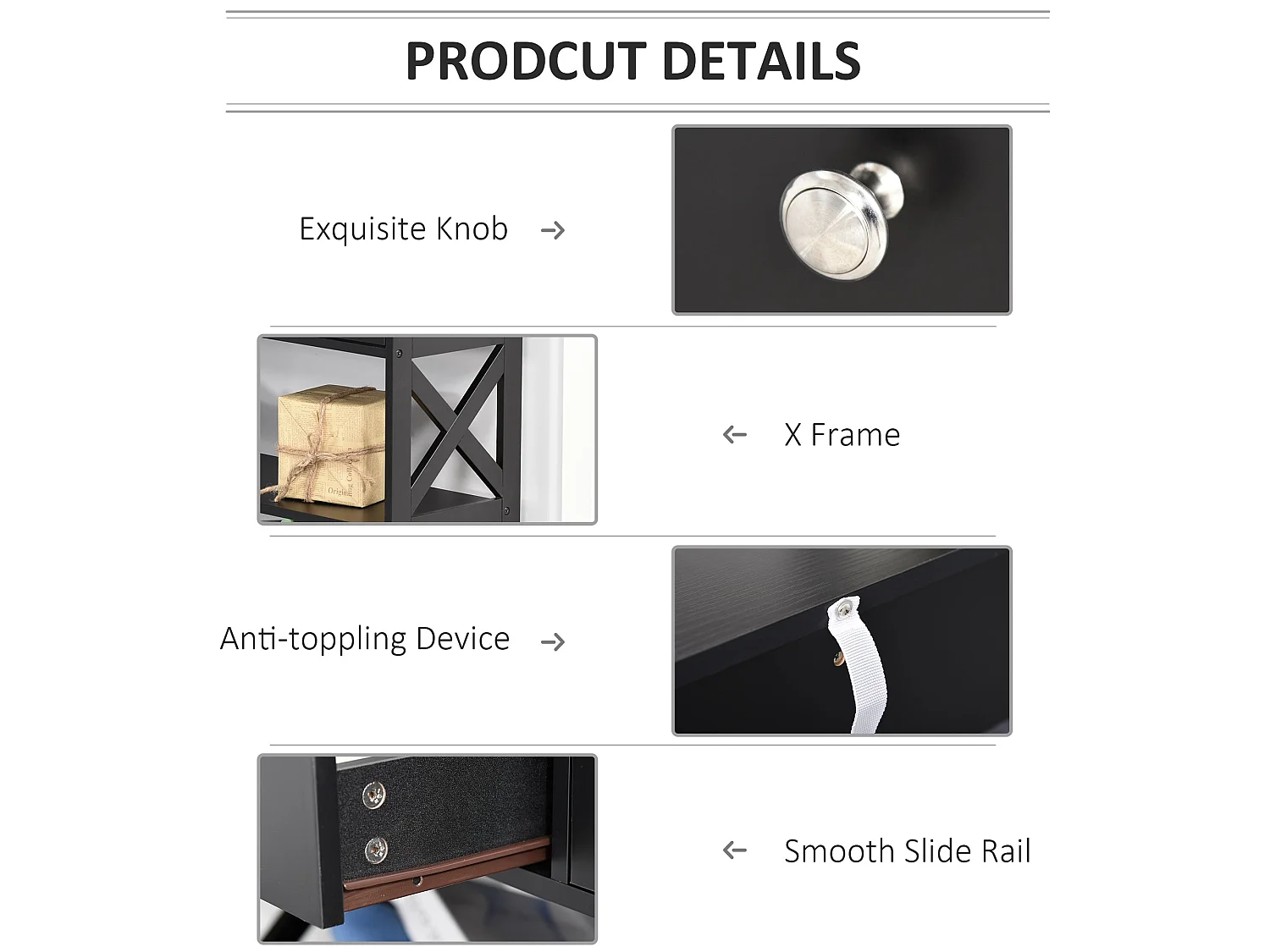 Kafa 100cm Black MDF Console Table with X Frame 2 Drawers and 2 Shelves
