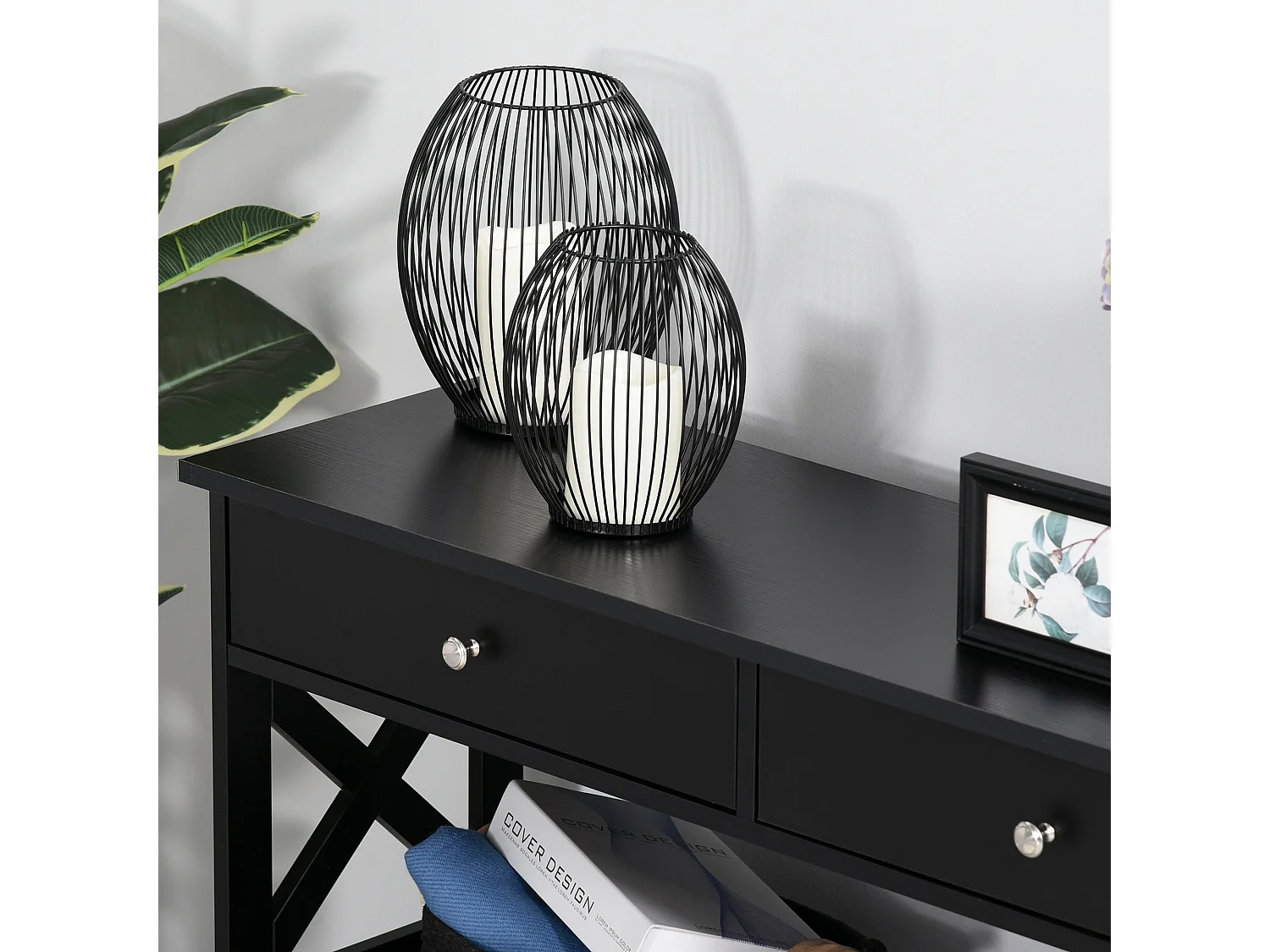 Kafa 100cm Black MDF Console Table with X Frame 2 Drawers and 2 Shelves