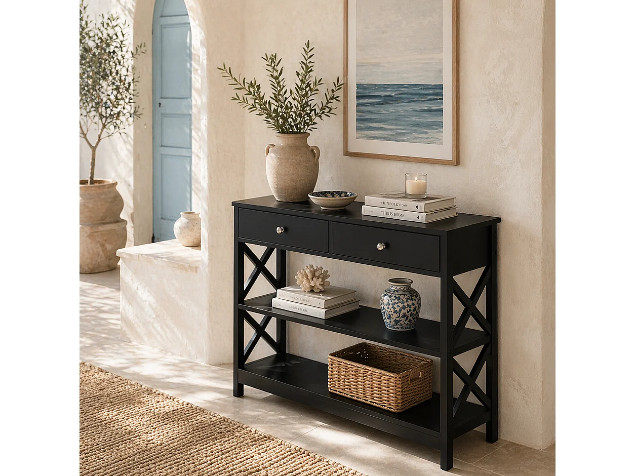 Kafa 100cm Black MDF Console Table with X Frame 2 Drawers and 2 Shelves