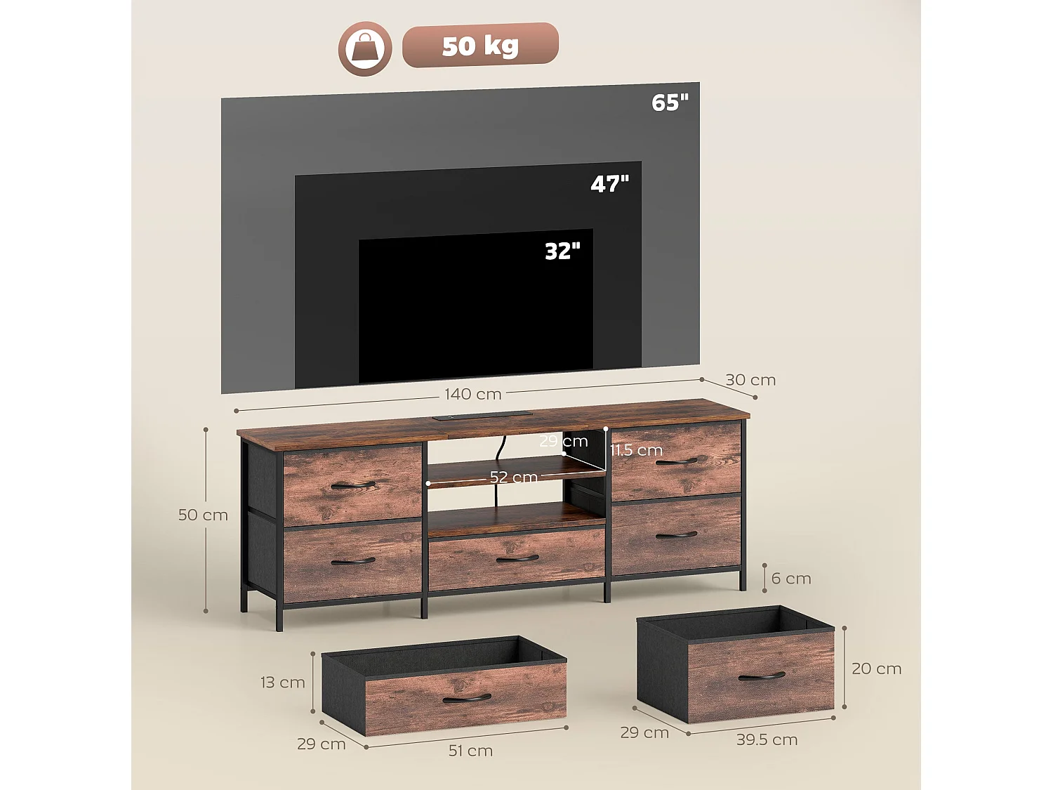 Beladen 140cm Industrial TV Stand for Up to 65" Screens Rustic Brown and Black