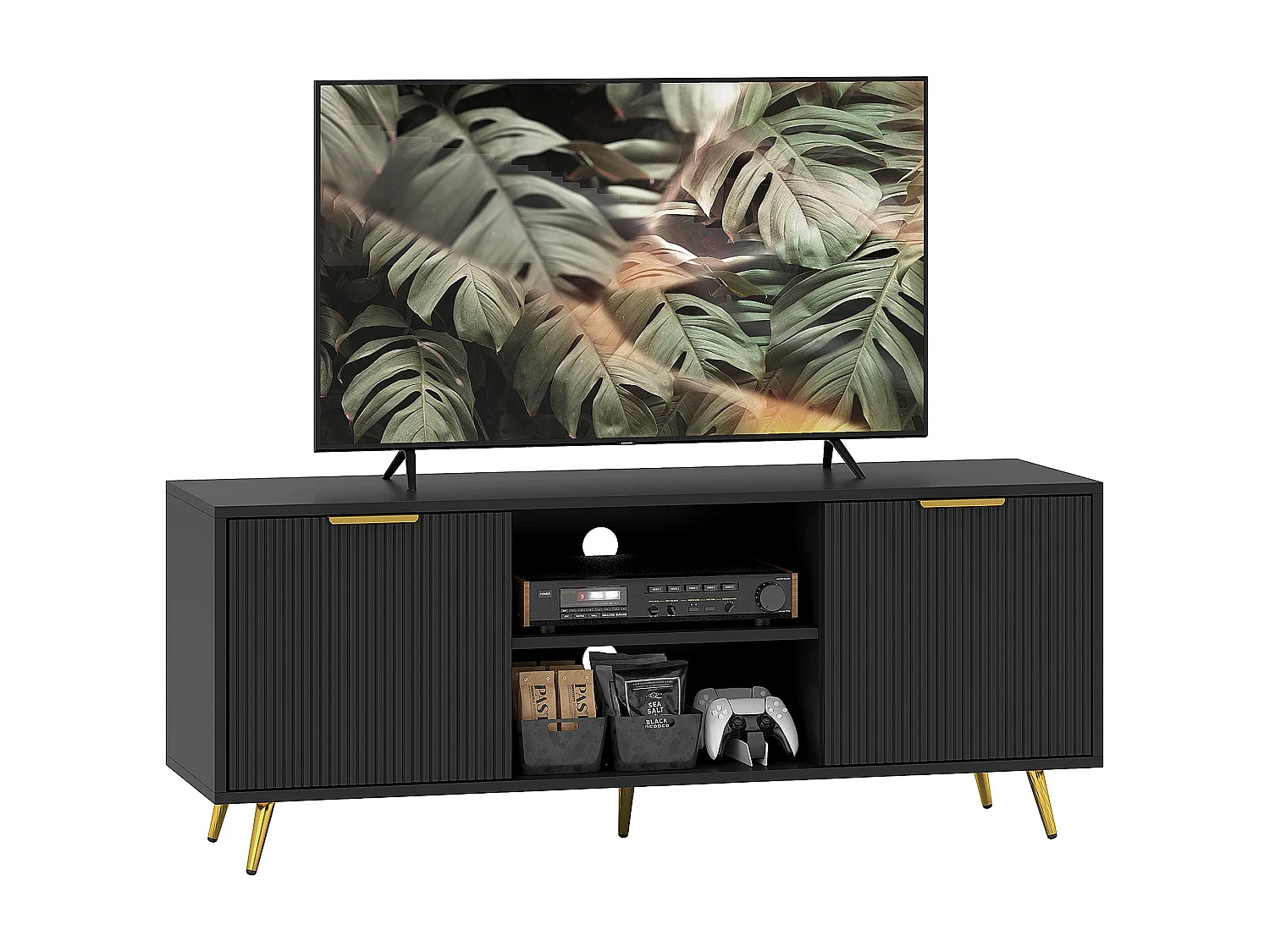 Ellini Black TV Stand 120cm 2 Open Shelves 2 Doors Fits Up to 55 inch TVs