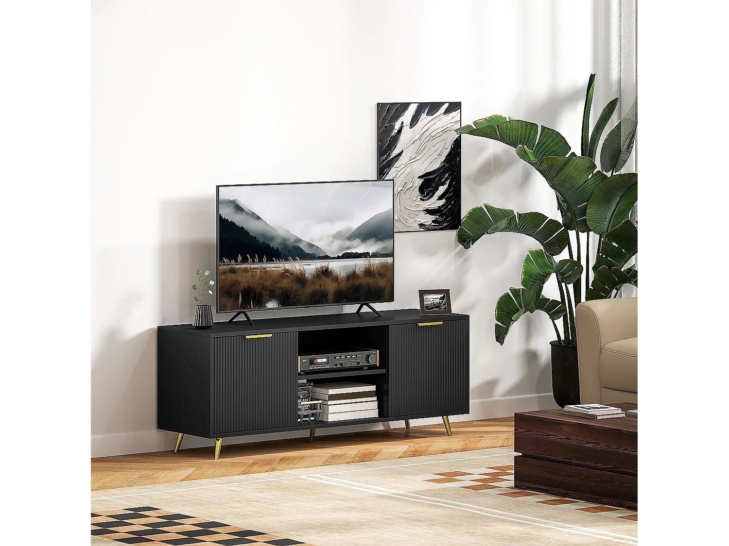 Ellini Black TV Stand 120cm 2 Open Shelves 2 Doors Fits Up to 55 inch TVs
