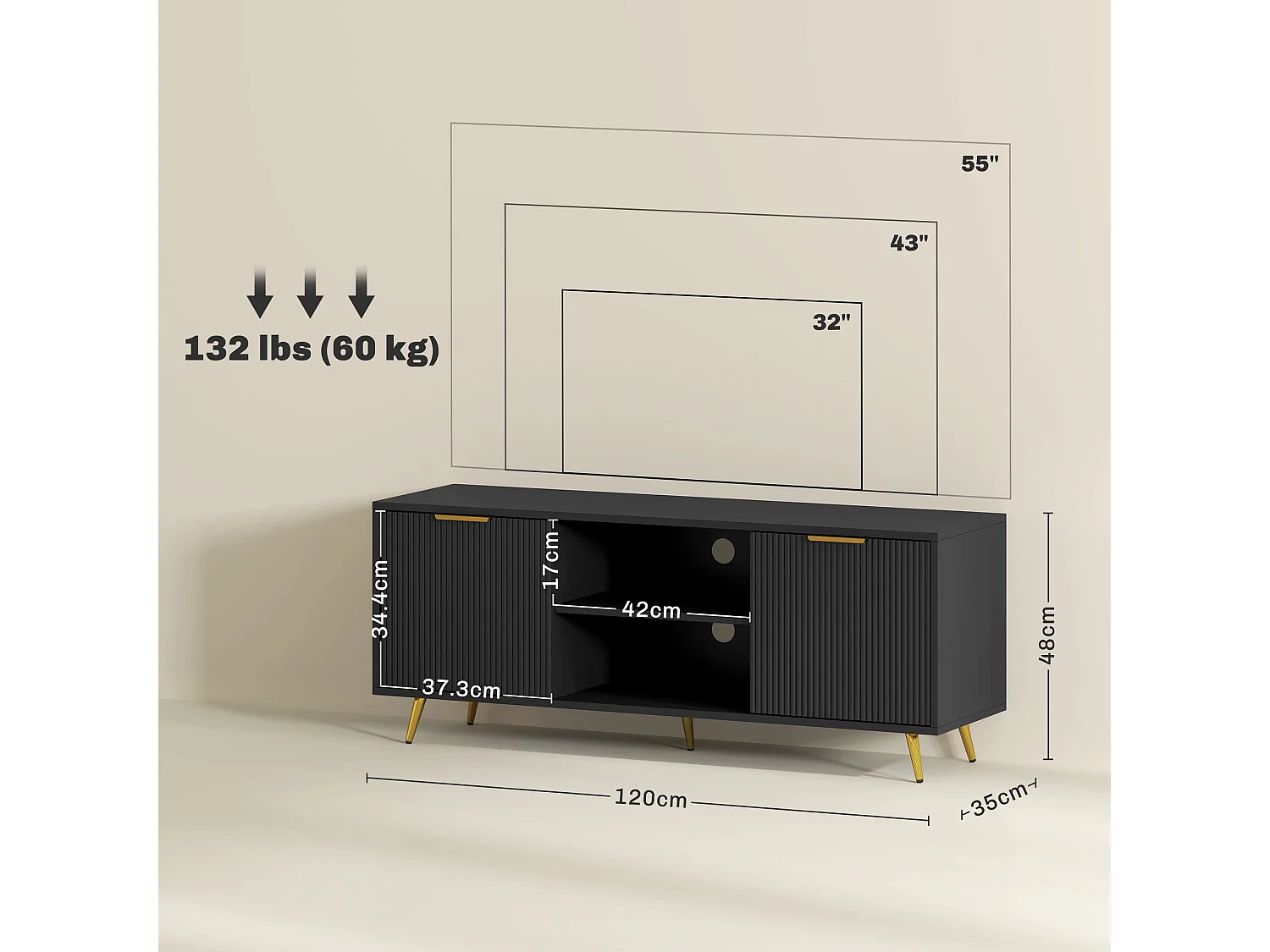 Ellini Black TV Stand 120cm 2 Open Shelves 2 Doors Fits Up to 55 inch TVs