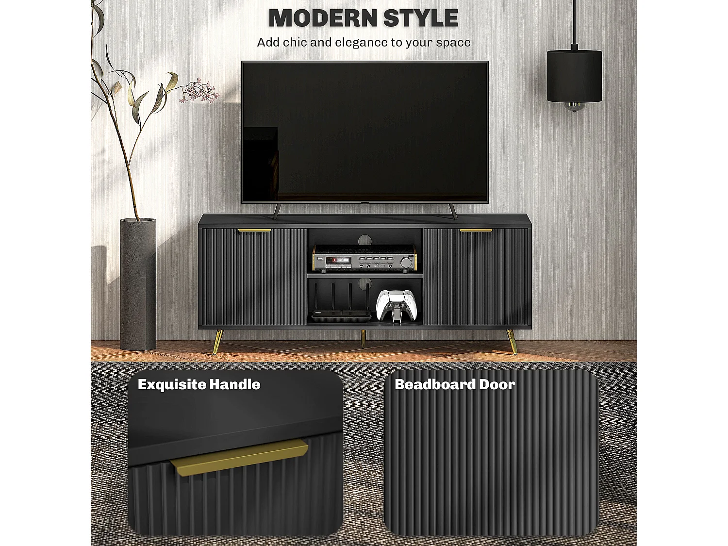 Ellini Black TV Stand 120cm 2 Open Shelves 2 Doors Fits Up to 55 inch TVs