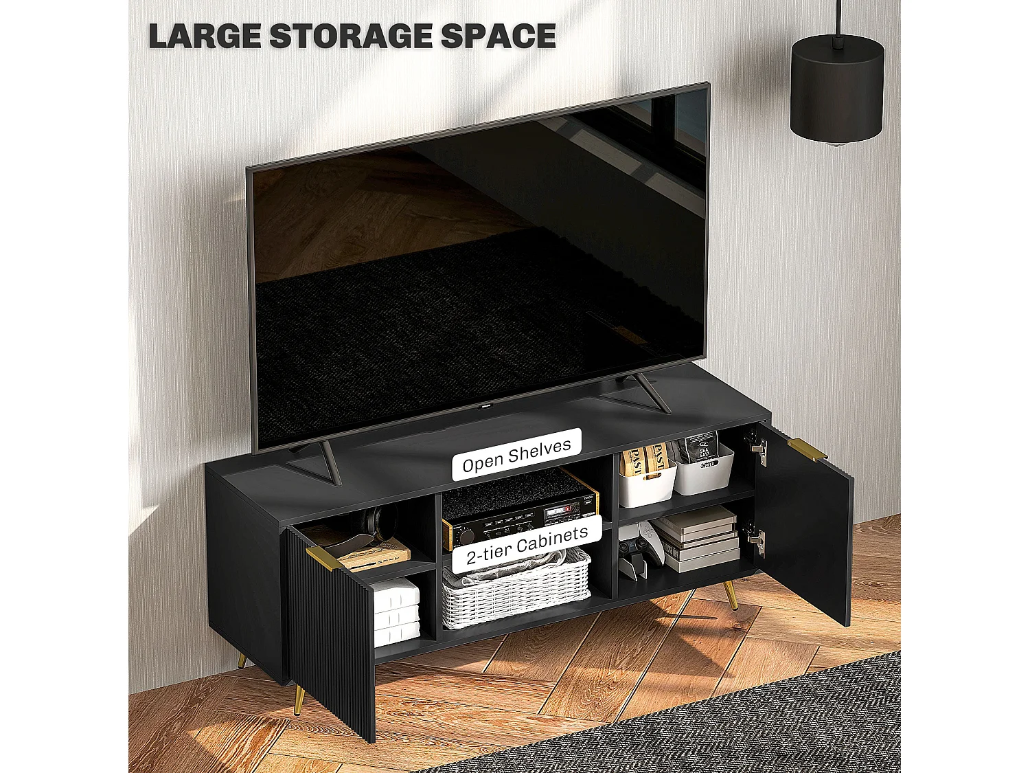 Ellini Black TV Stand 120cm 2 Open Shelves 2 Doors Fits Up to 55 inch TVs