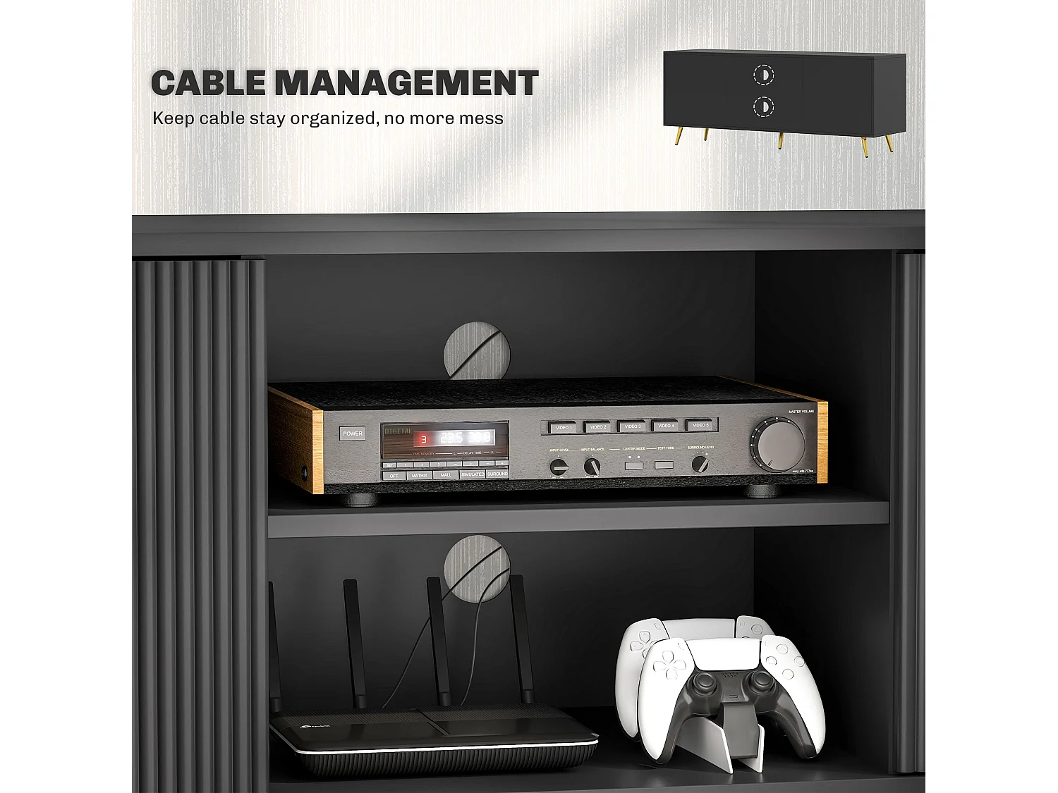 Ellini Black TV Stand 120cm 2 Open Shelves 2 Doors Fits Up to 55 inch TVs