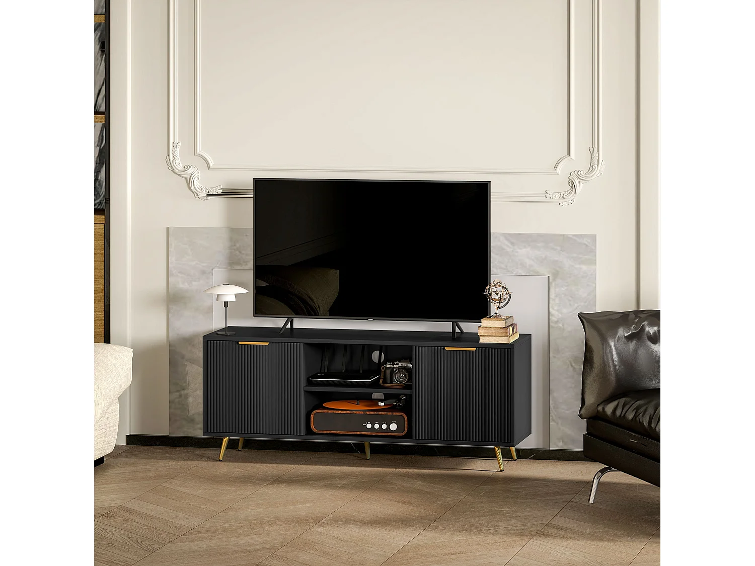 Ellini Black TV Stand 120cm 2 Open Shelves 2 Doors Fits Up to 55 inch TVs