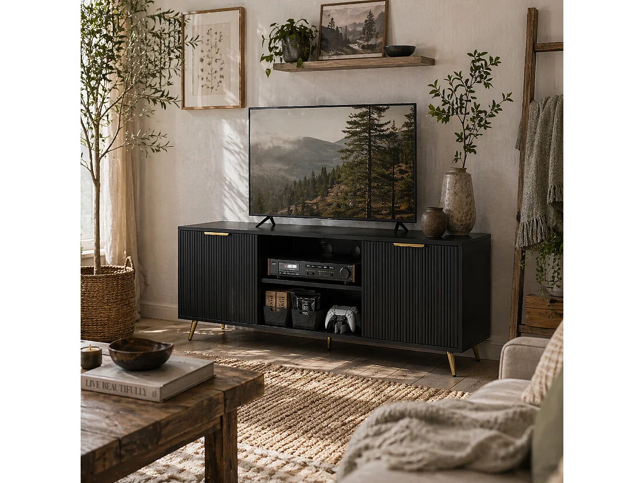 Ellini Black TV Stand 120cm 2 Open Shelves 2 Doors Fits Up to 55 inch TVs