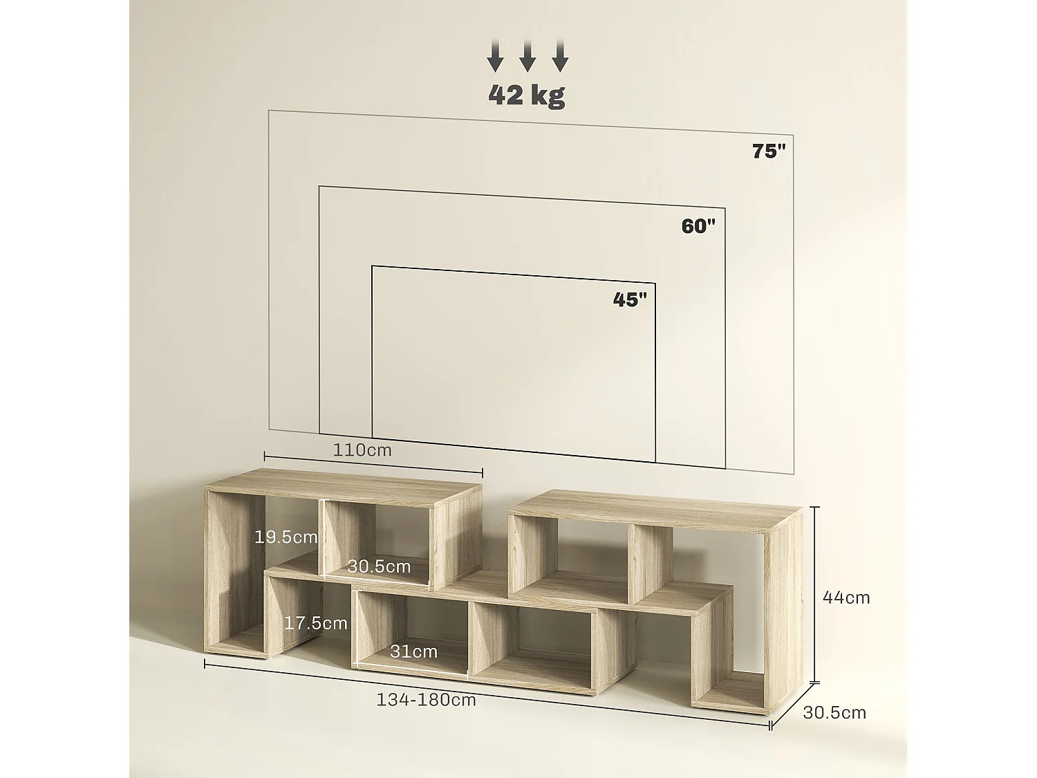 Tota Modular TV Stand 134–180cm Grey Oak Wood Effect 3 Block