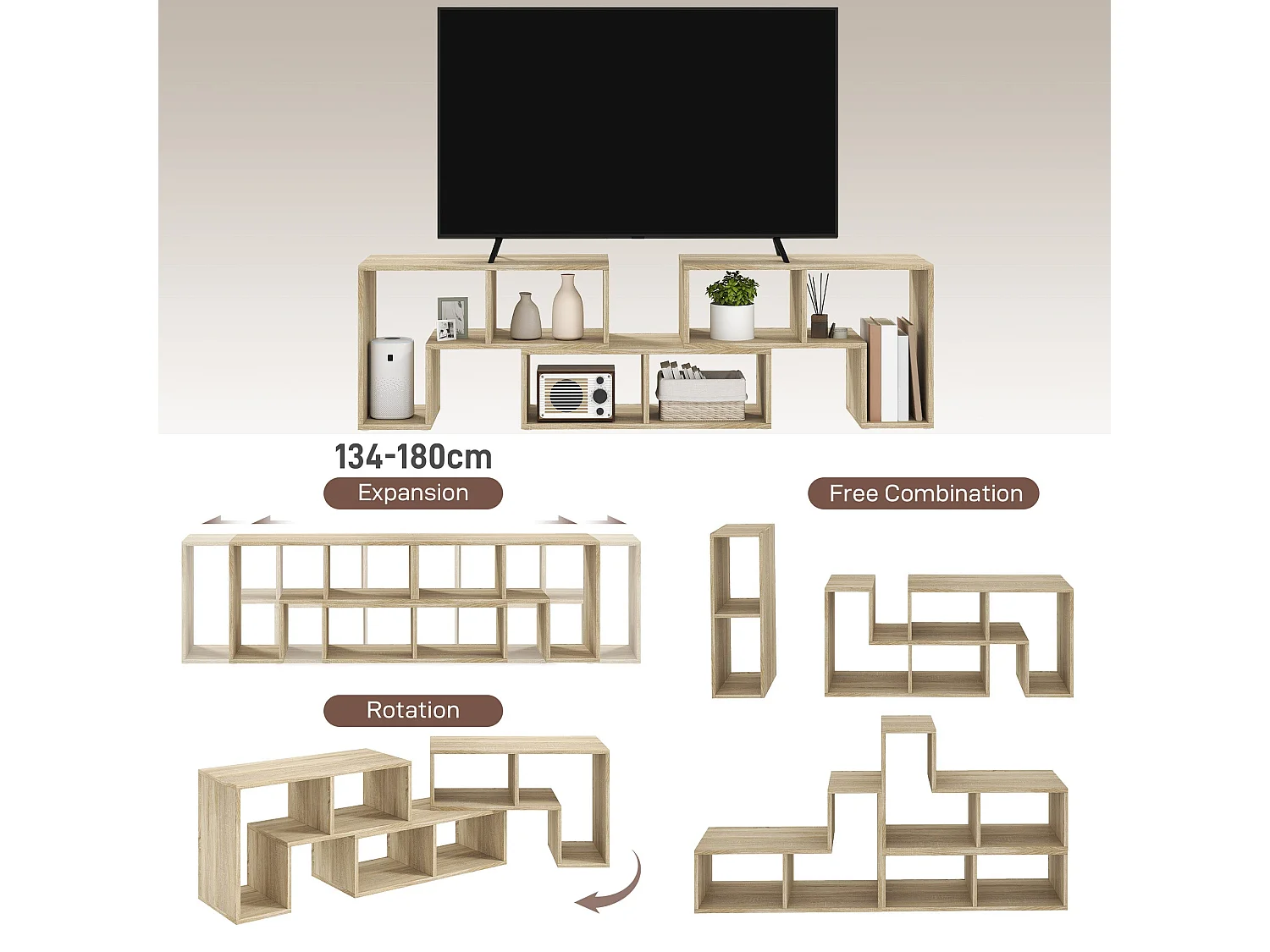 Tota Modular TV Stand 134–180cm Grey Oak Wood Effect 3 Block