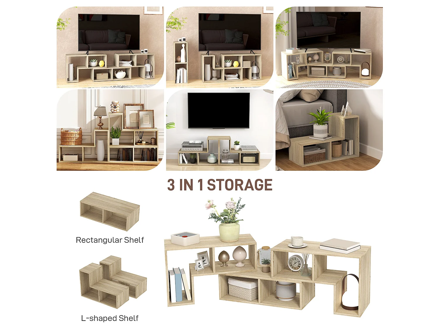 Tota Modular TV Stand 134–180cm Grey Oak Wood Effect 3 Block