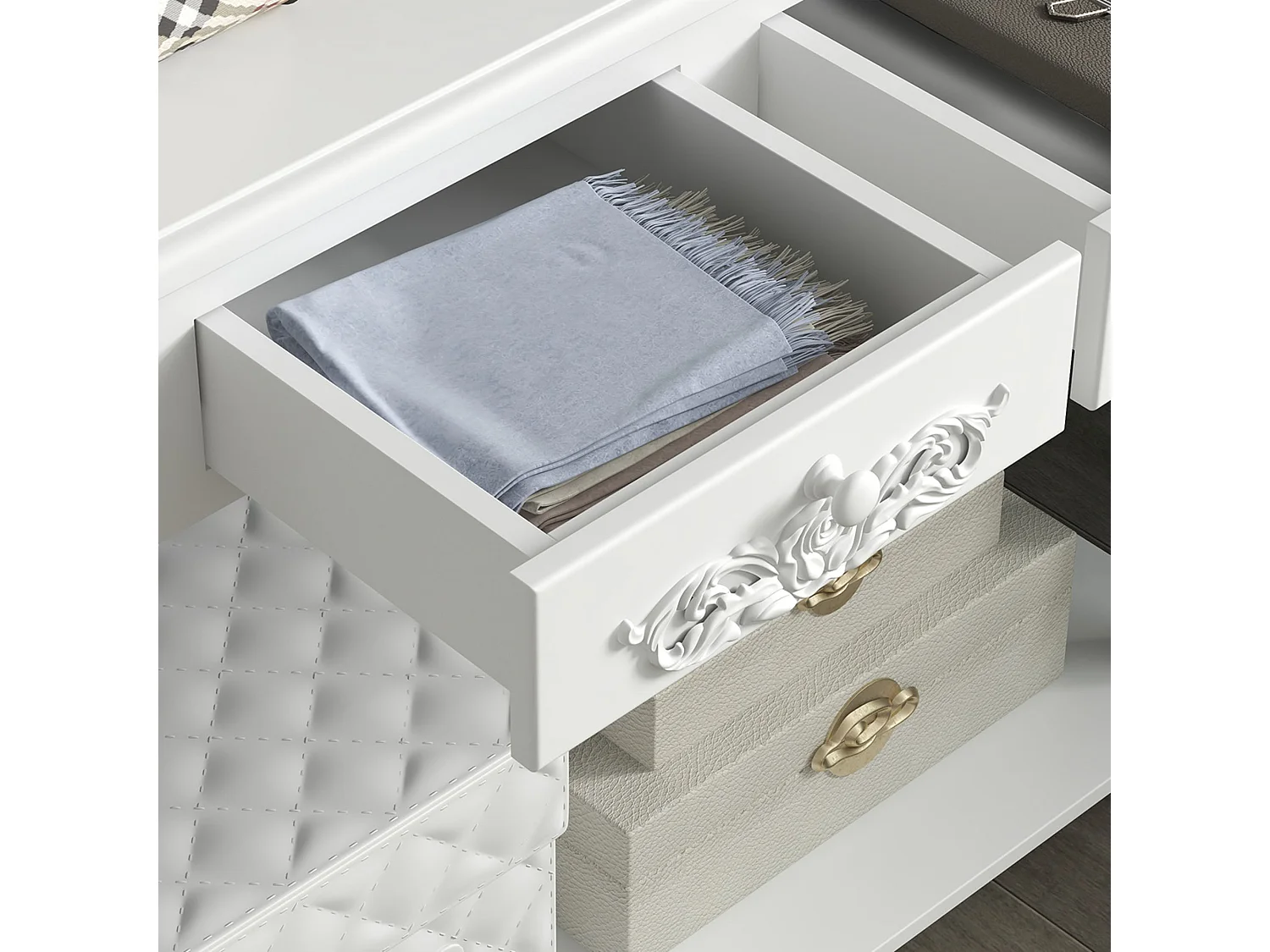 Relo White French Console Table with Drawers and Bottom Shelf