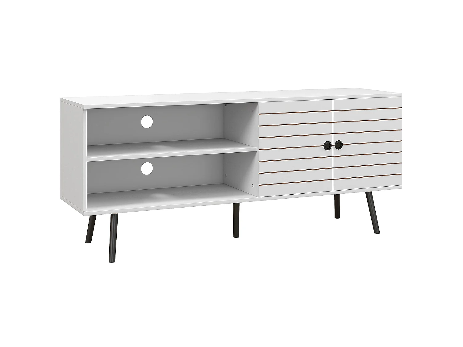 Lare 145cm White TV Unit with Striped Door Open Shelves and Wooden Legs