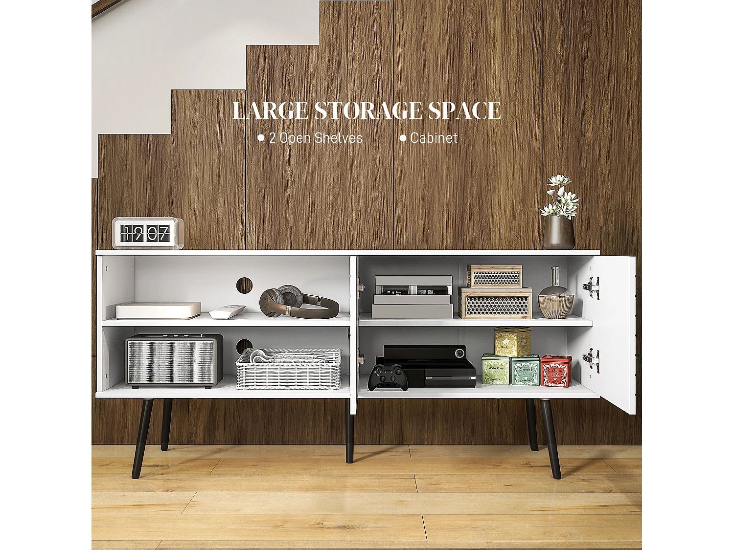 Lare 145cm White TV Unit with Striped Door Open Shelves and Wooden Legs