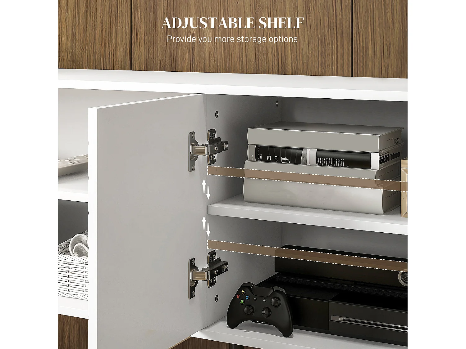 Lare 145cm White TV Unit with Striped Door Open Shelves and Wooden Legs