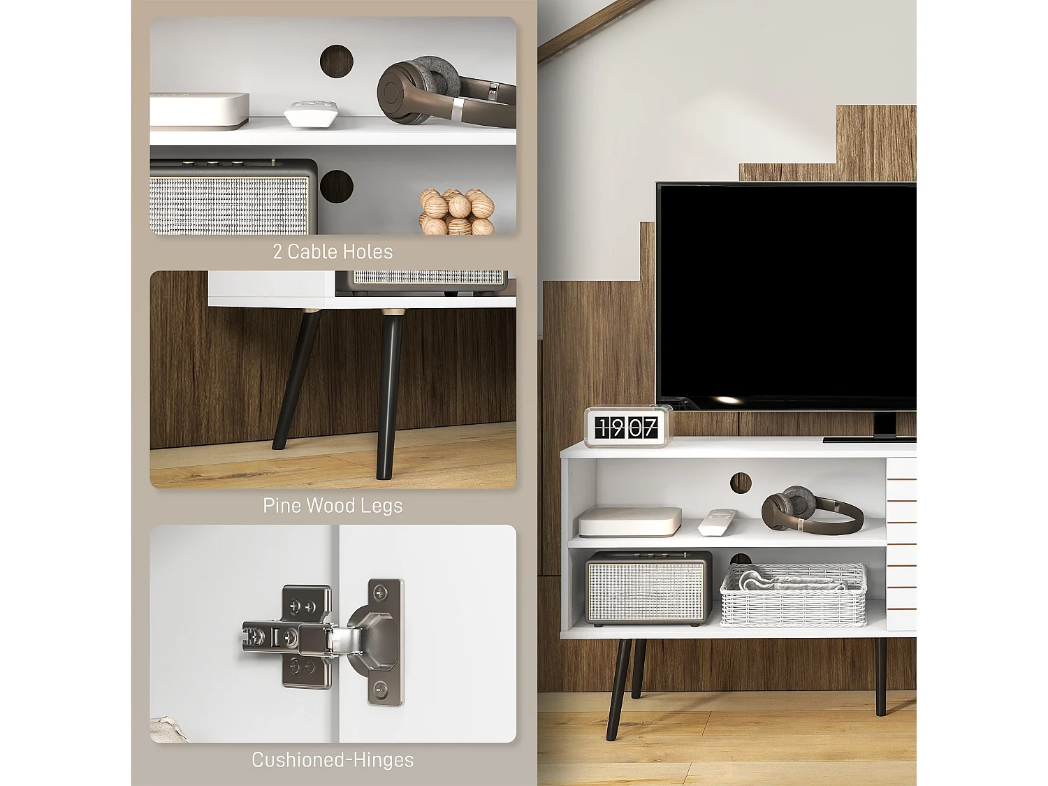 Lare 145cm White TV Unit with Striped Door Open Shelves and Wooden Legs