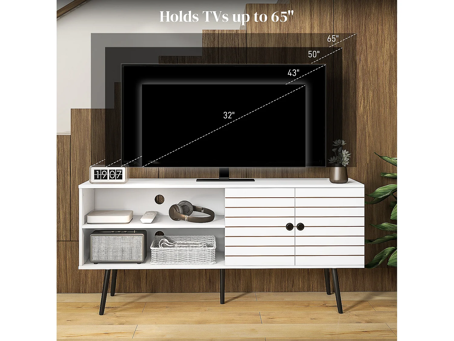 Lare 145cm White TV Unit with Striped Door Open Shelves and Wooden Legs