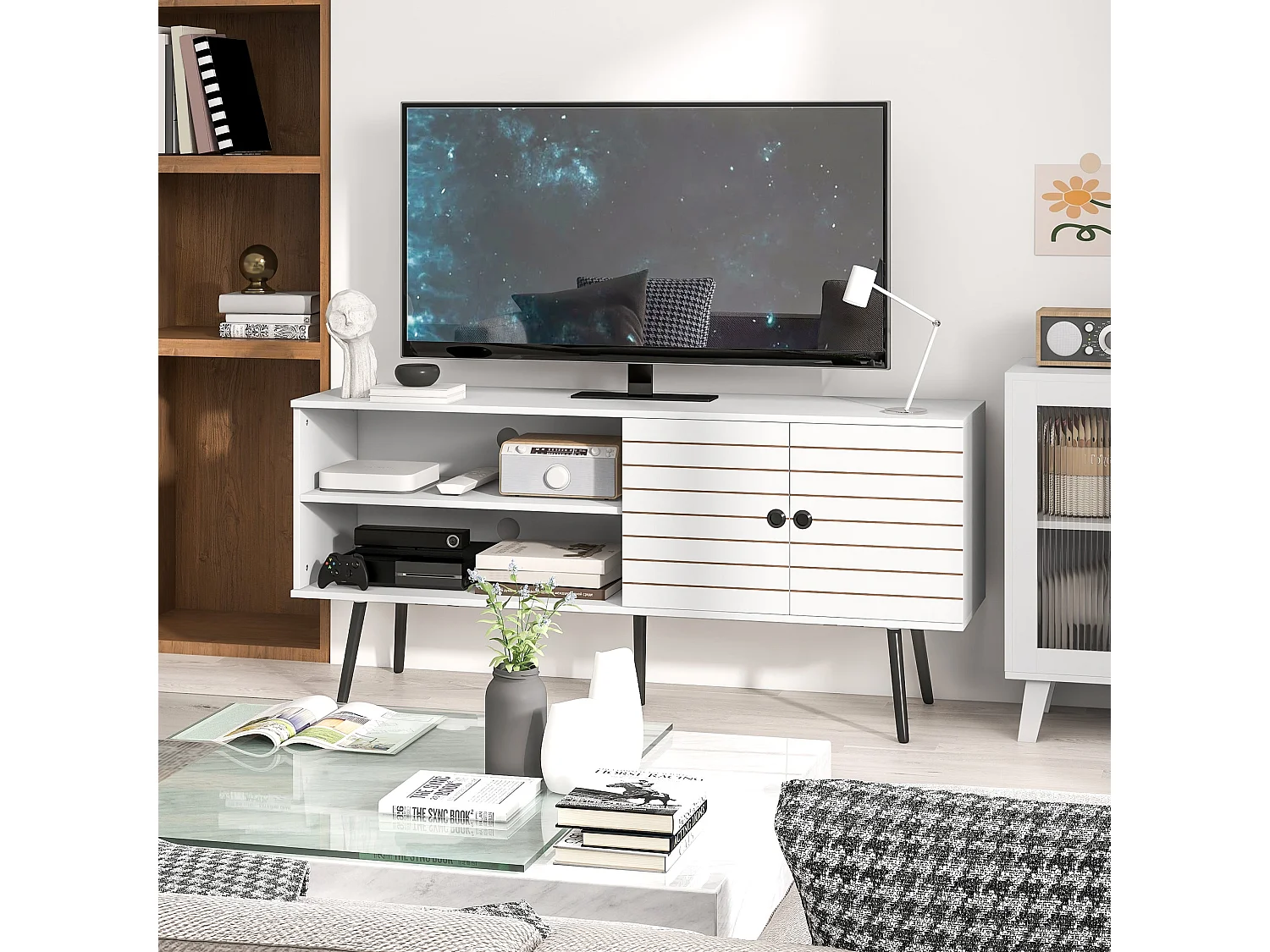 Lare 145cm White TV Unit with Striped Door Open Shelves and Wooden Legs