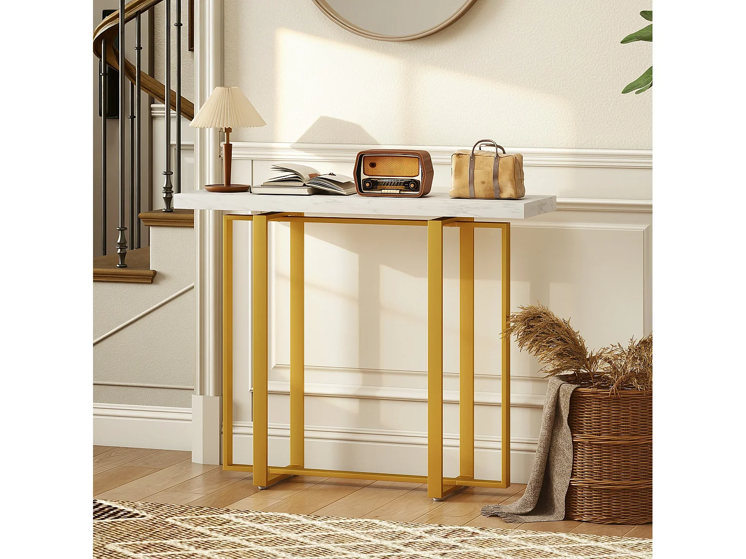 Larose 100cm Narrow Console Table Faux Marble Top Gold Tone Steel Frame Anti Tip