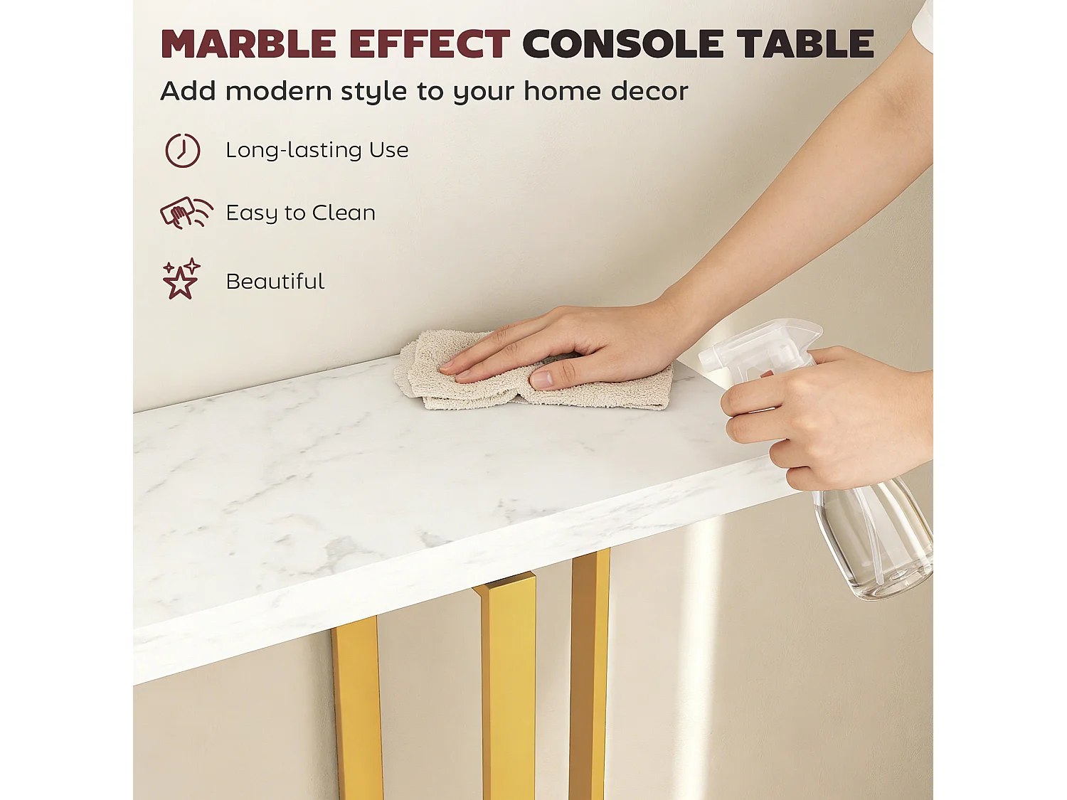 Larose 100cm Narrow Console Table Faux Marble Top Gold Tone Steel Frame Anti Tip