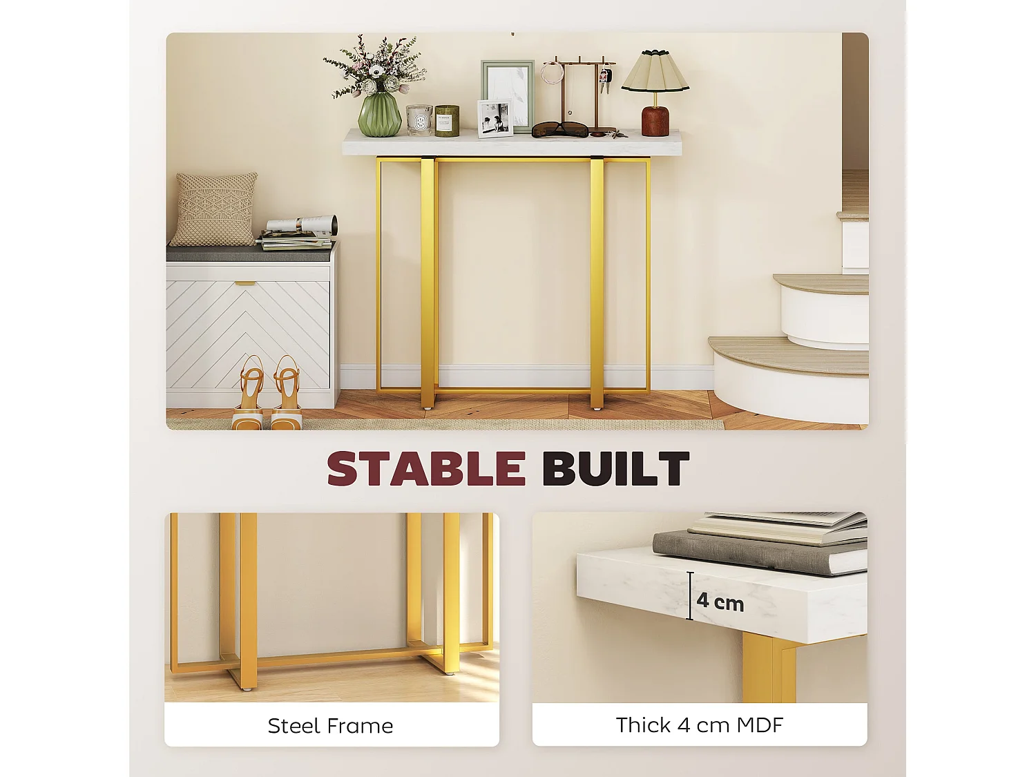 Larose 100cm Narrow Console Table Faux Marble Top Gold Tone Steel Frame Anti Tip