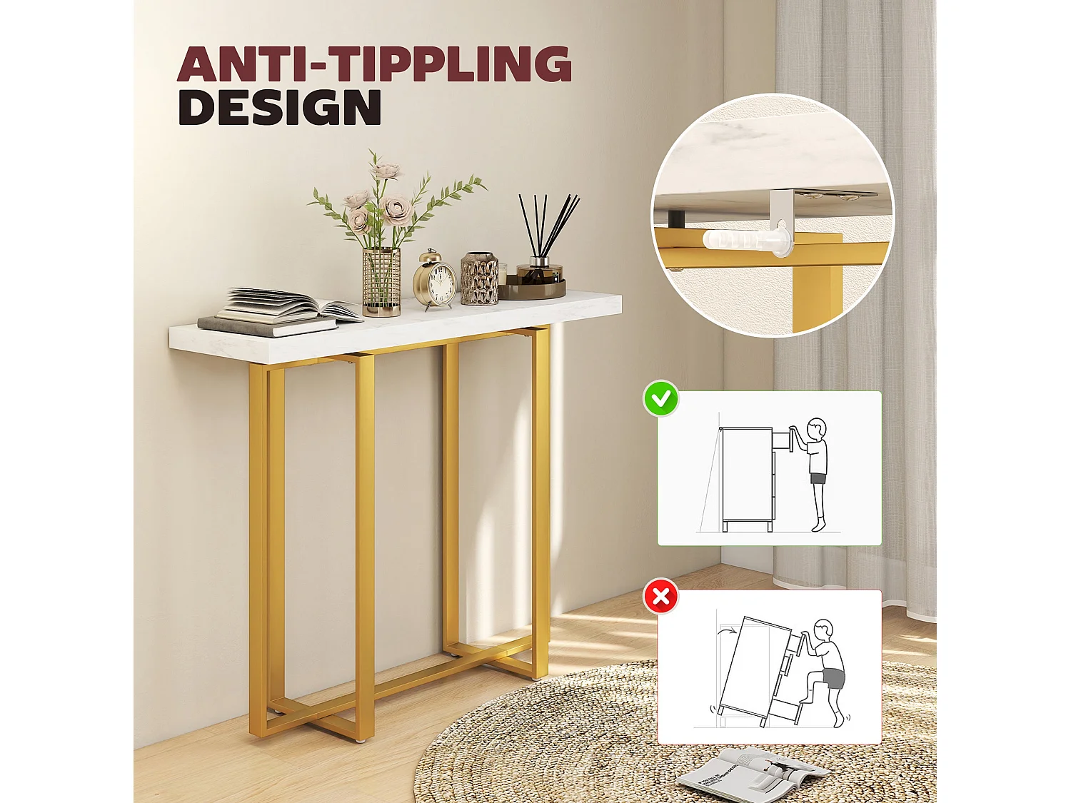 Larose 100cm Narrow Console Table Faux Marble Top Gold Tone Steel Frame Anti Tip