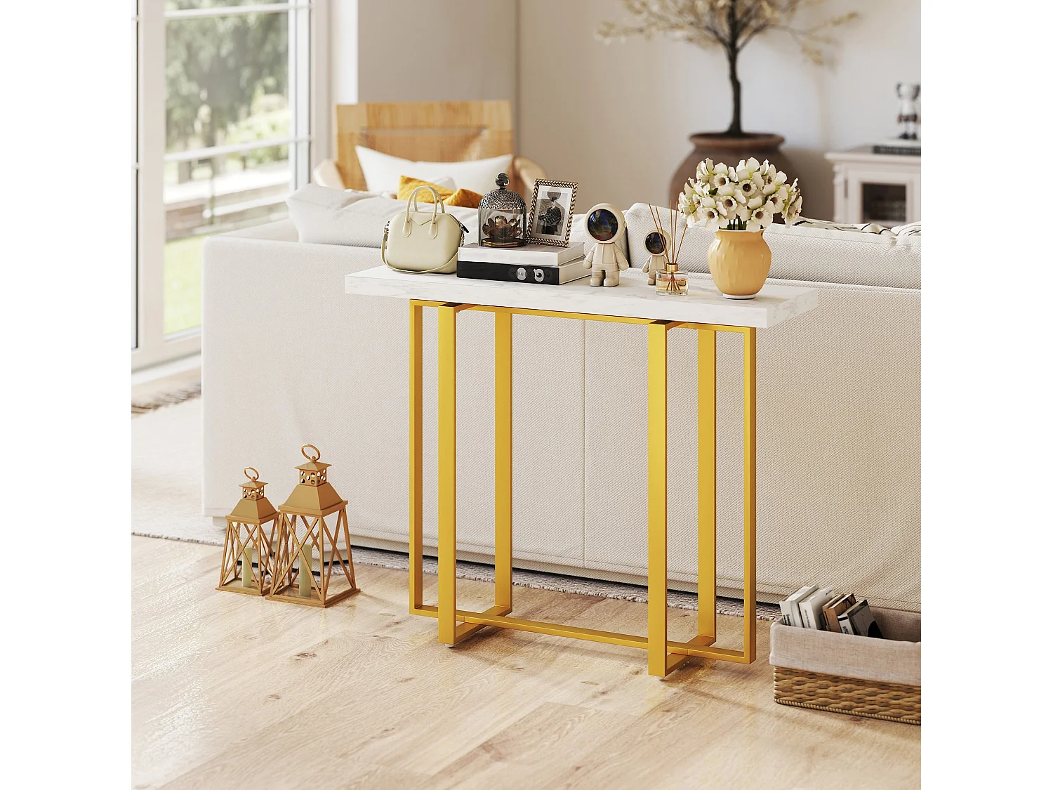 Larose 100cm Narrow Console Table Faux Marble Top Gold Tone Steel Frame Anti Tip
