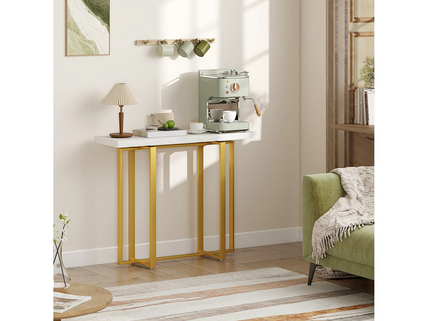 Larose 100cm Narrow Console Table Faux Marble Top Gold Tone Steel Frame Anti Tip
