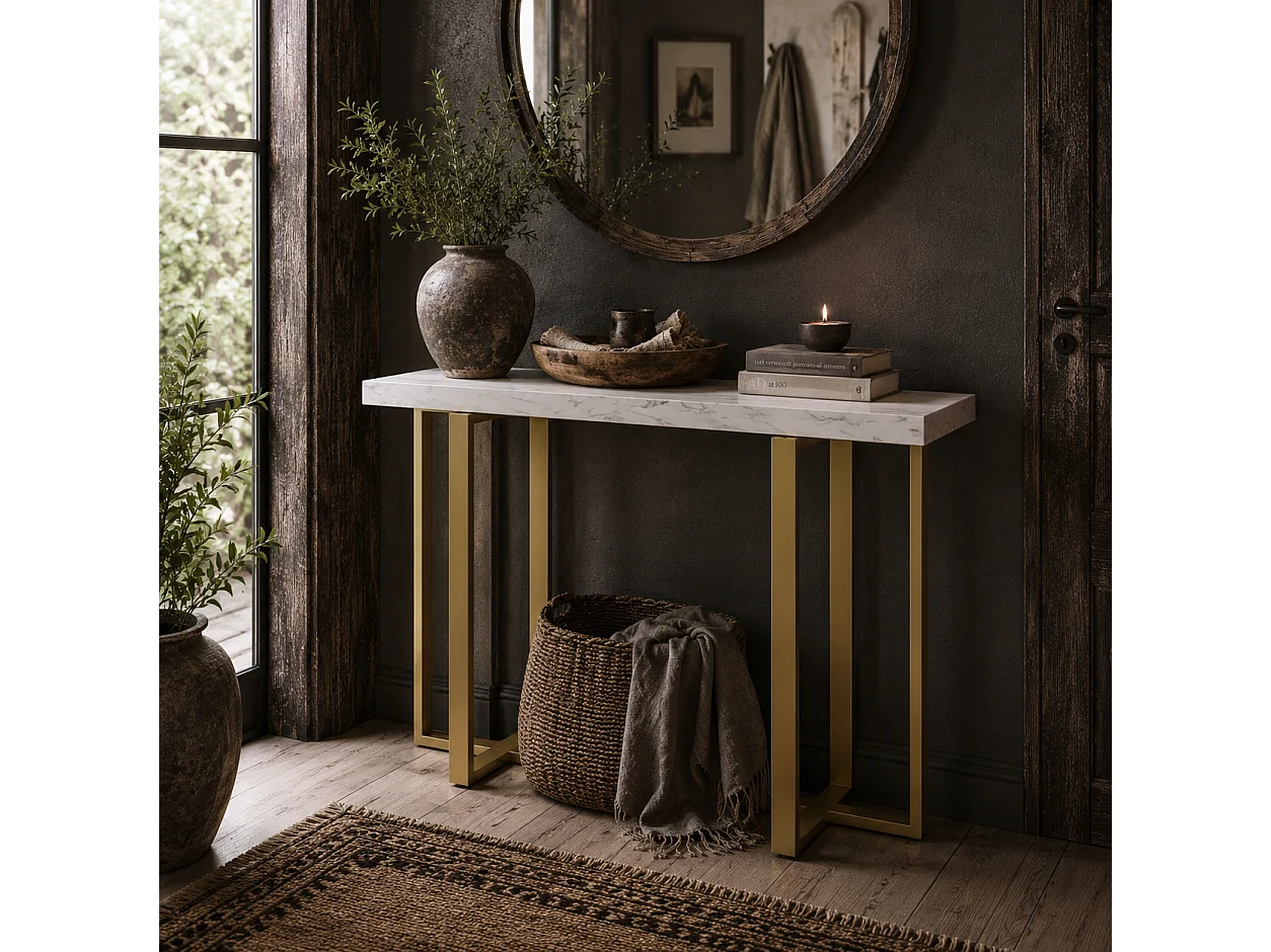 Larose 100cm Narrow Console Table Faux Marble Top Gold Tone Steel Frame Anti Tip