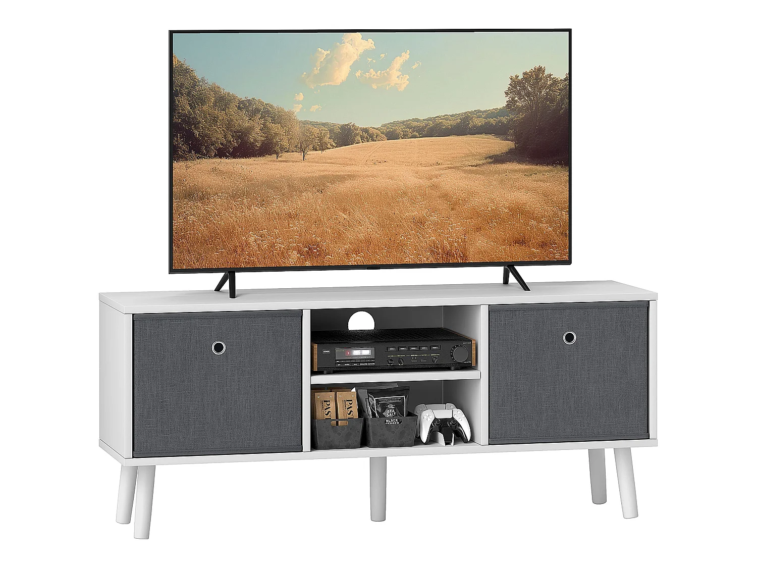 Nirona 110cm TV Cabinet in White and Grey with Removable Fabric Drawers Fits Up to 50 inch Screens