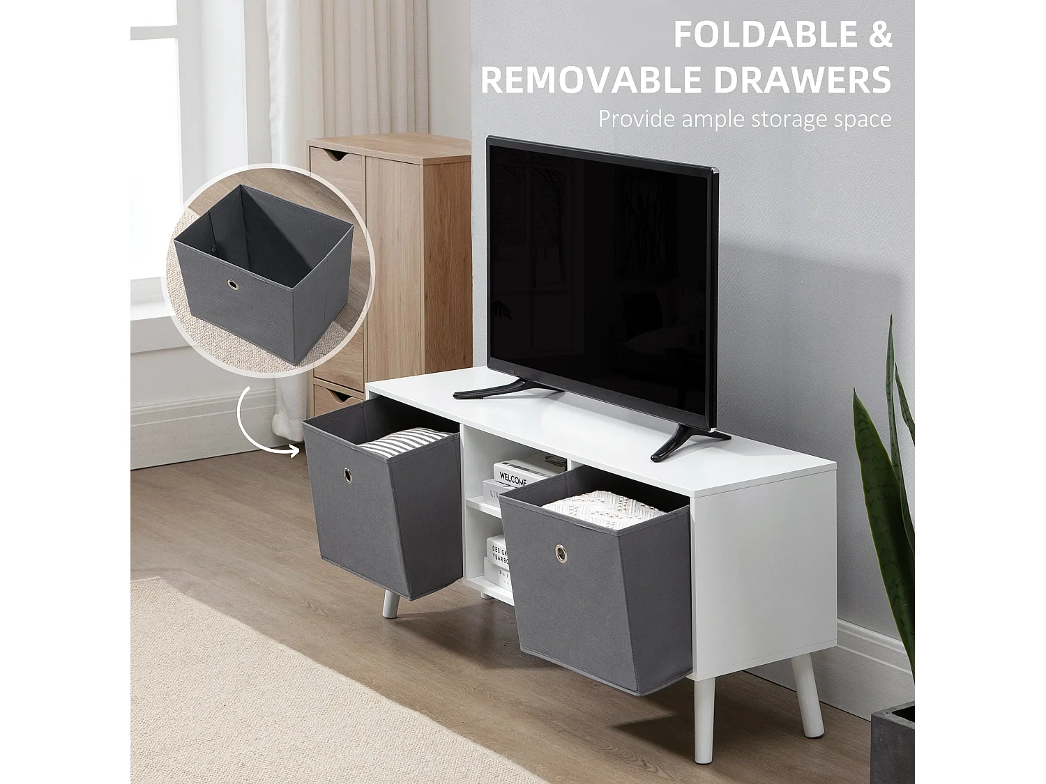 Nirona 110cm TV Cabinet in White and Grey with Removable Fabric Drawers Fits Up to 50 inch Screens