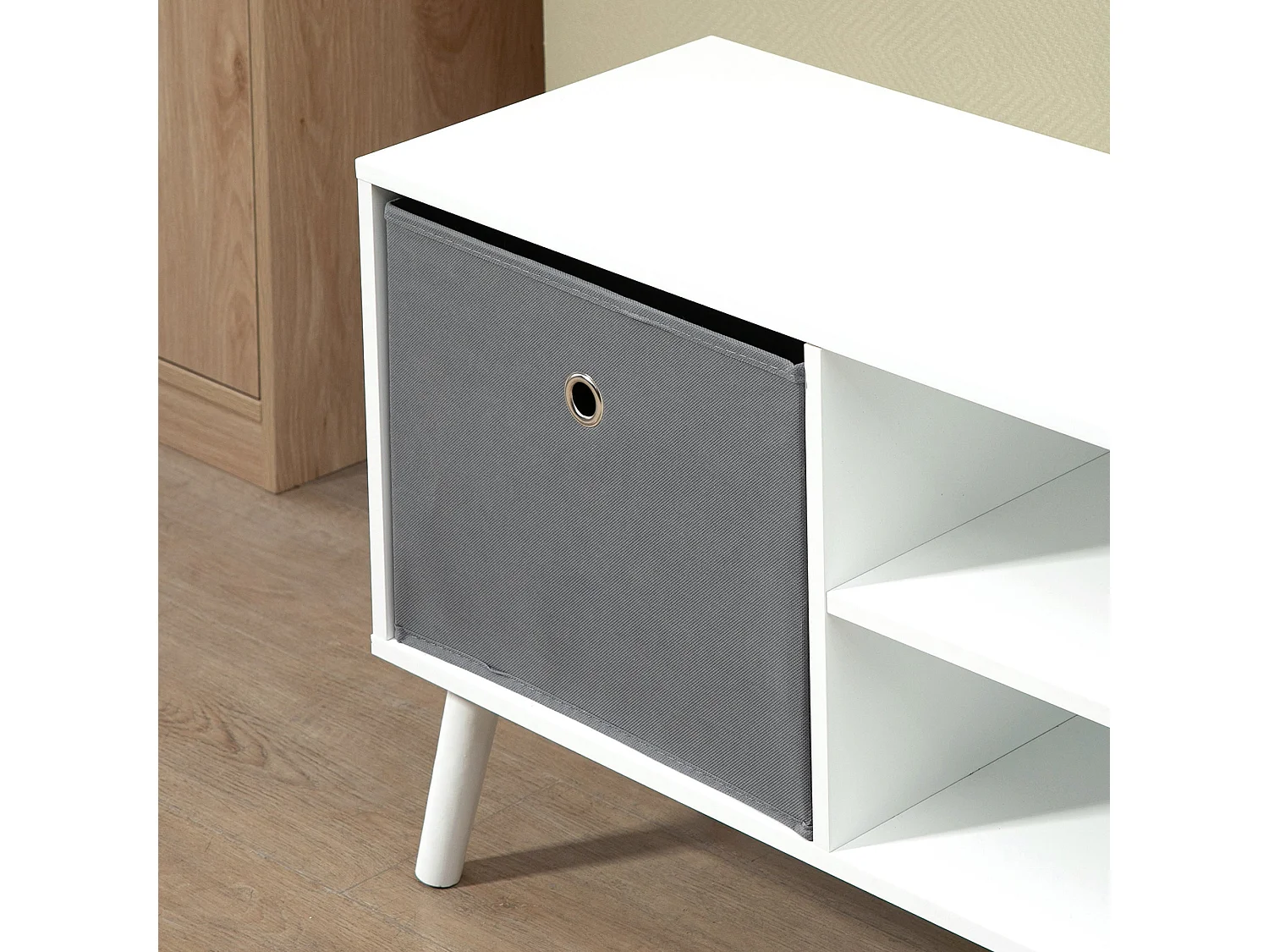 Nirona 110cm TV Cabinet in White and Grey with Removable Fabric Drawers Fits Up to 50 inch Screens