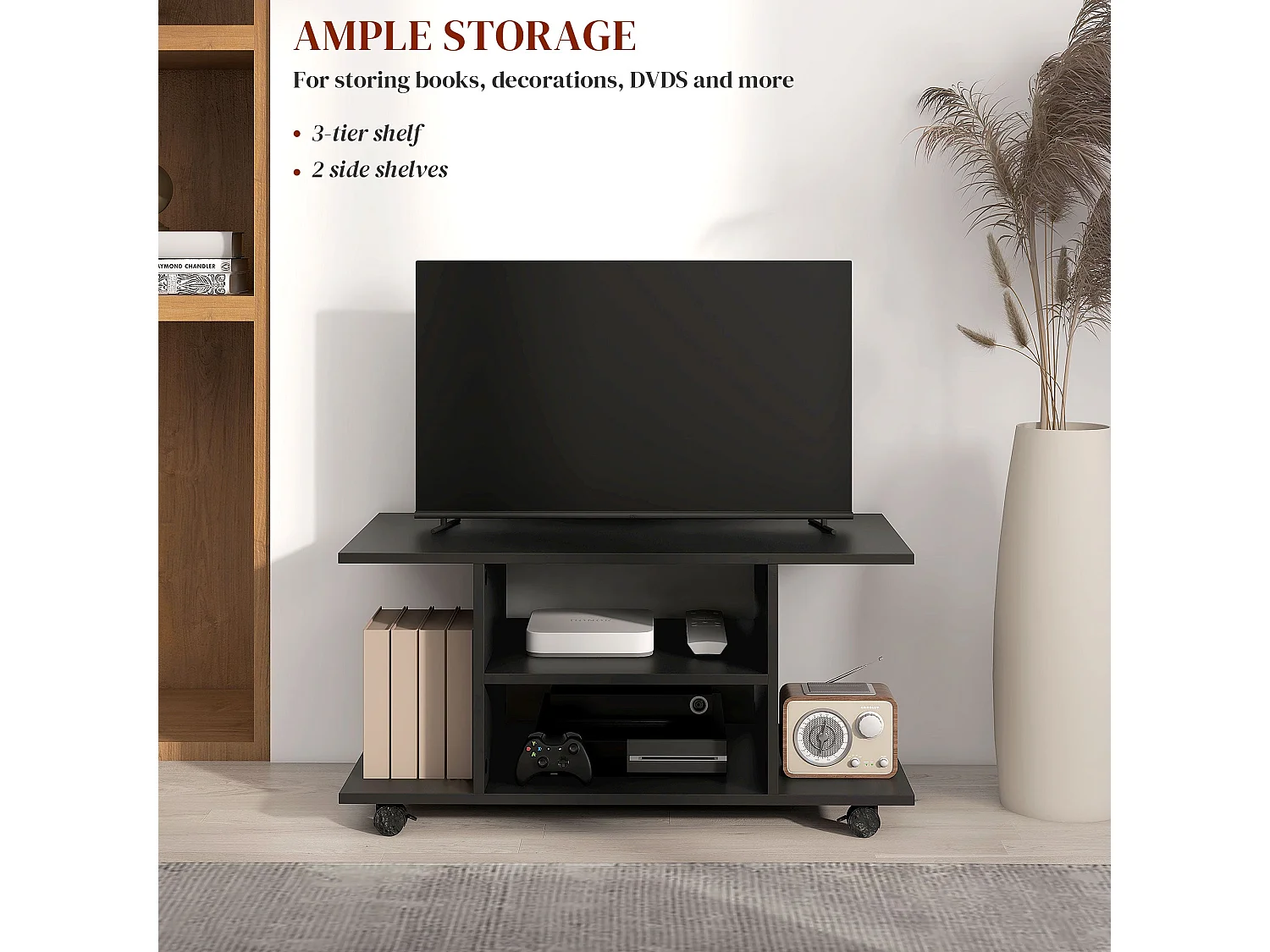 Coro 80cm Black Mobile TV Stand with Shelves and Castor Wheels