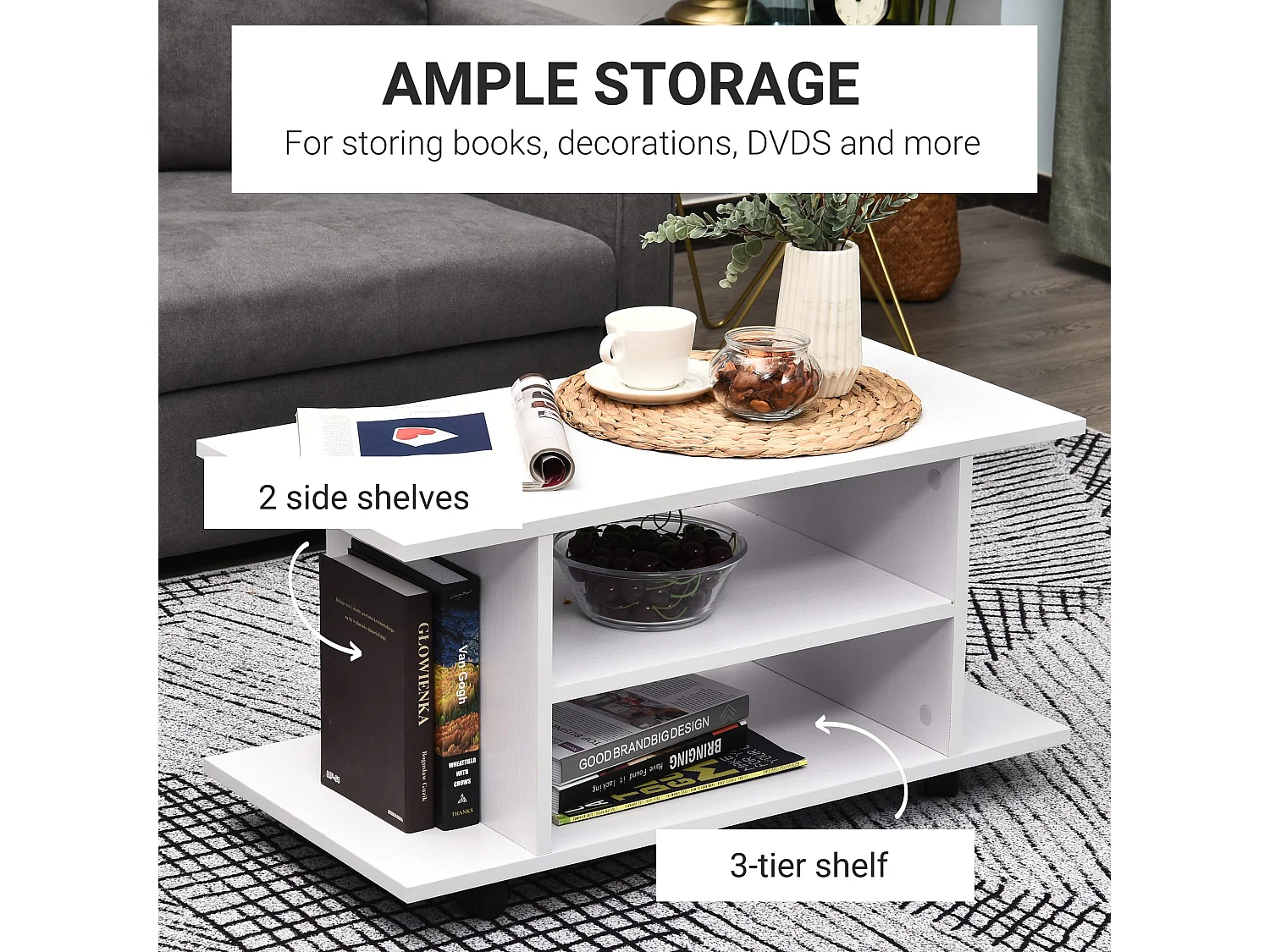 Vireli Miri 80cm White Mobile TV Storage Unit with Shelves and Castor Wheels