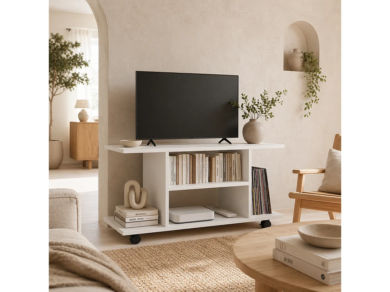 Vireli Miri 80cm White Mobile TV Storage Unit with Shelves and Castor Wheels