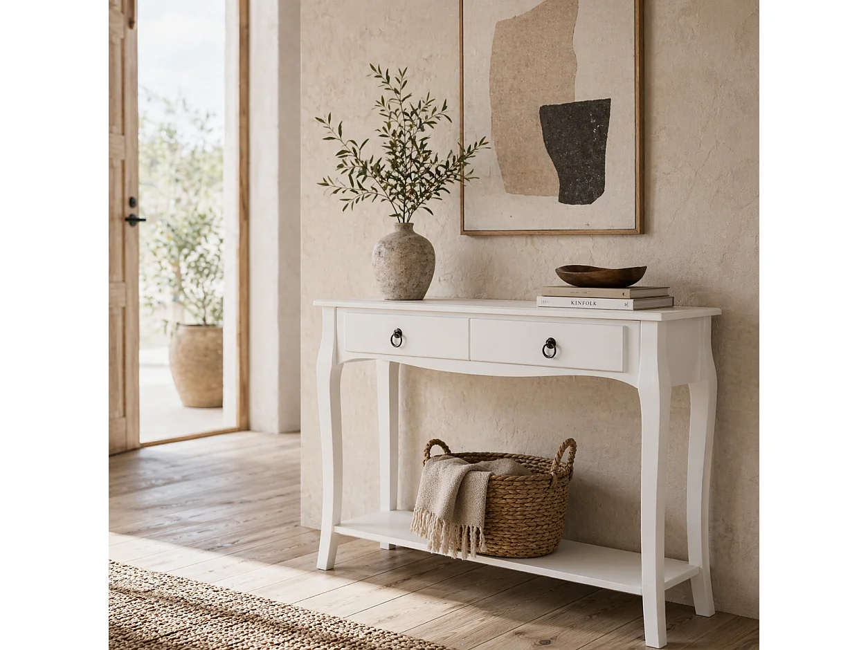 Noro 100cm Mid Century Console Table Ivory White 2 Drawers and Lower Shelf