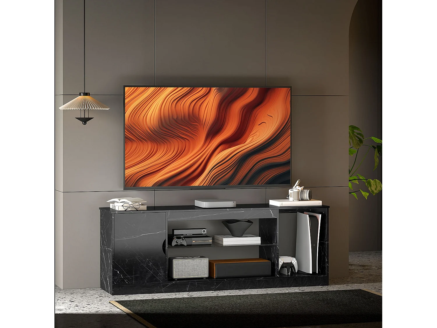 Avadell 148cm Black Marble Effect TV Unit with Glass Shelf for 45 55 inch Screens