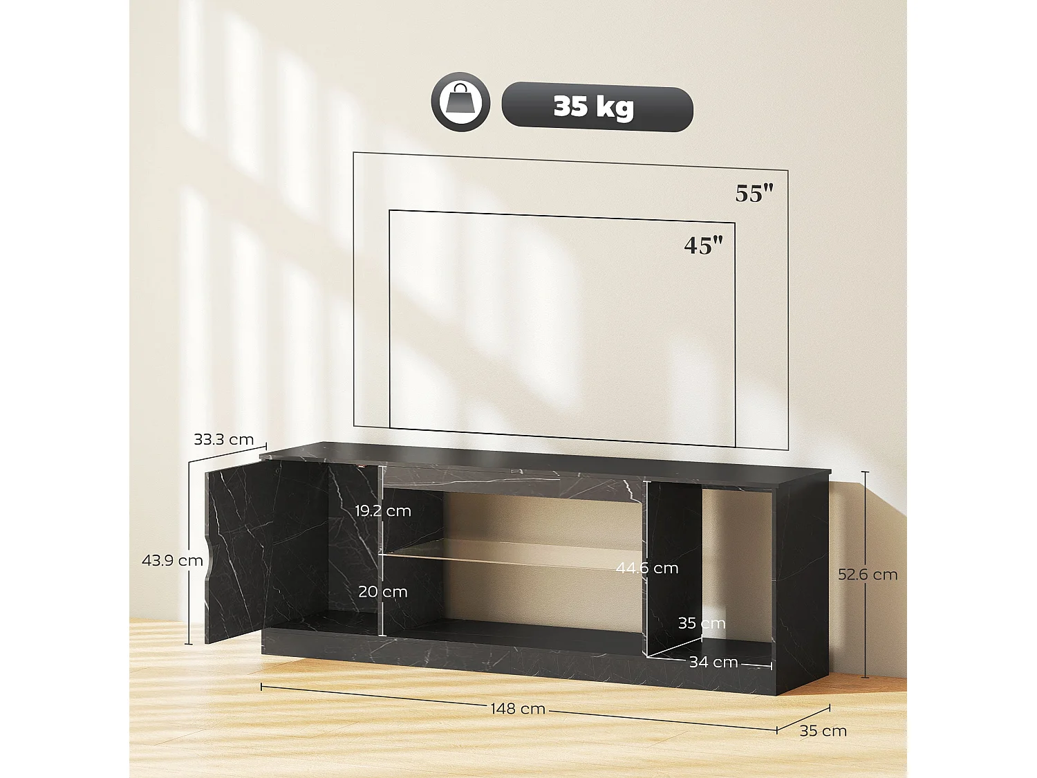 Avadell 148cm Black Marble Effect TV Unit with Glass Shelf for 45 55 inch Screens