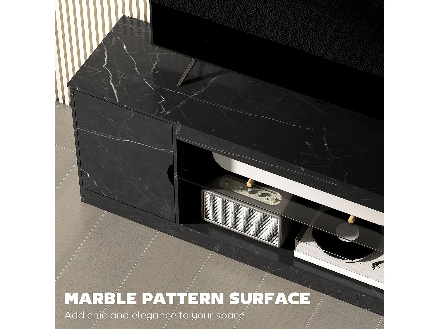 Avadell 148cm Black Marble Effect TV Unit with Glass Shelf for 45 55 inch Screens