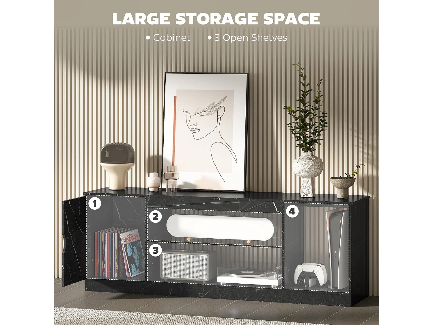 Avadell 148cm Black Marble Effect TV Unit with Glass Shelf for 45 55 inch Screens