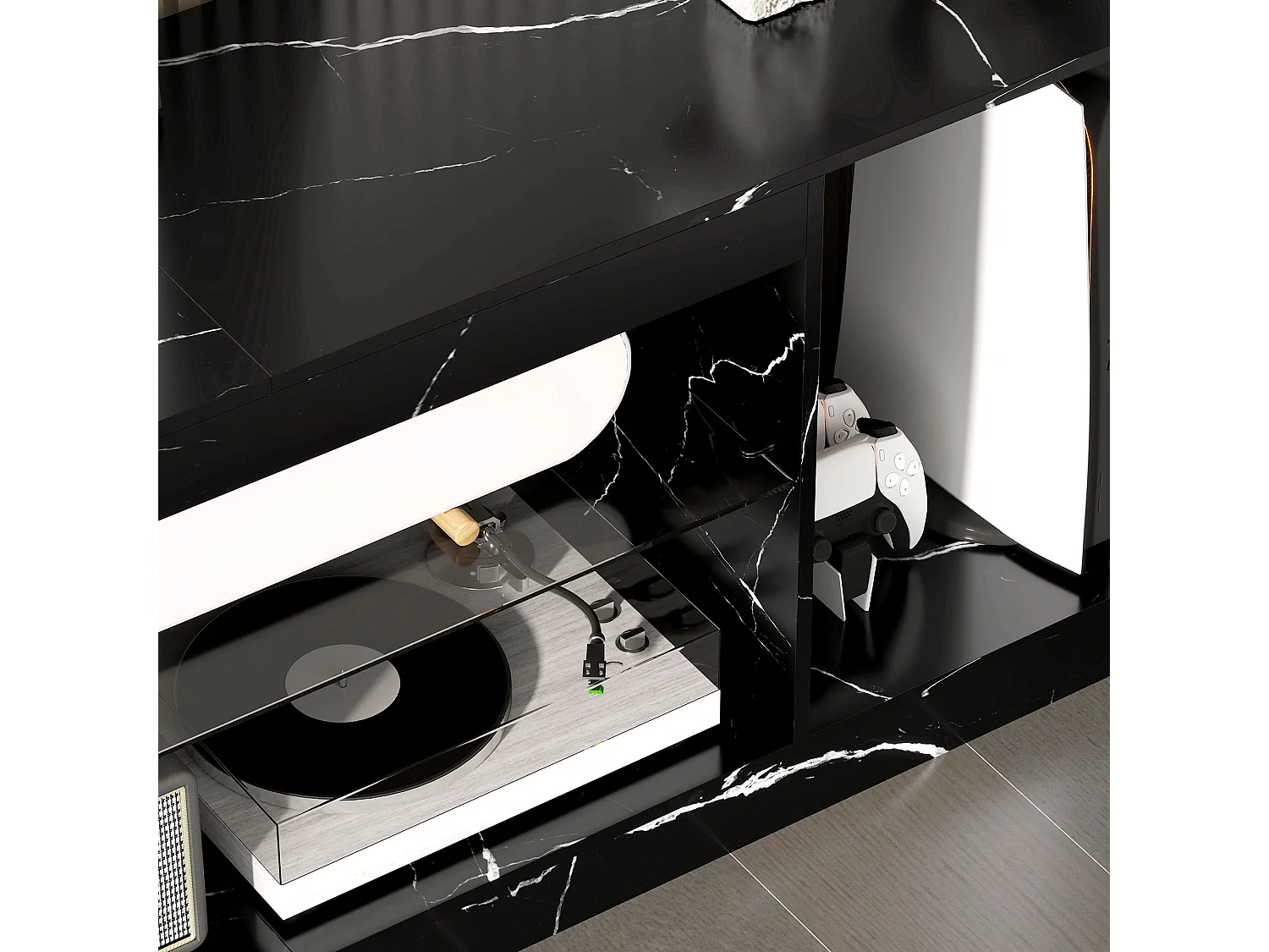 Avadell 148cm Black Marble Effect TV Unit with Glass Shelf for 45 55 inch Screens