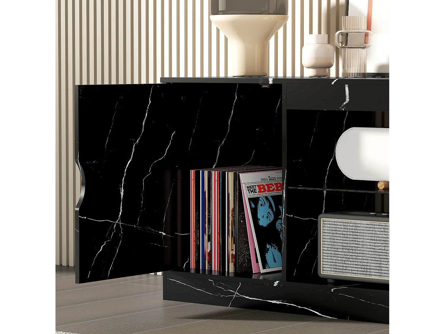 Avadell 148cm Black Marble Effect TV Unit with Glass Shelf for 45 55 inch Screens